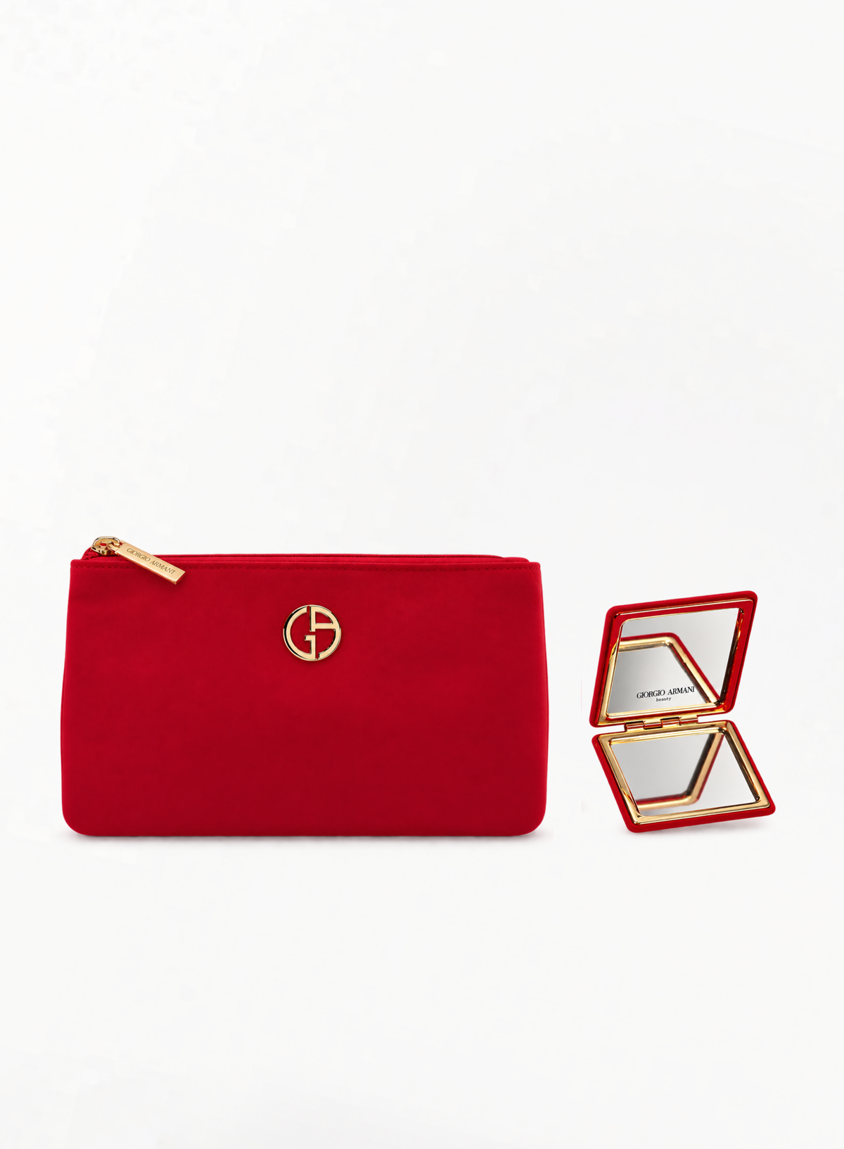 GIORGIO ARMANI სატინის კოსმეტიკის ჩანთა – 15x11სმ წითელი და პრემიუმ სარკე