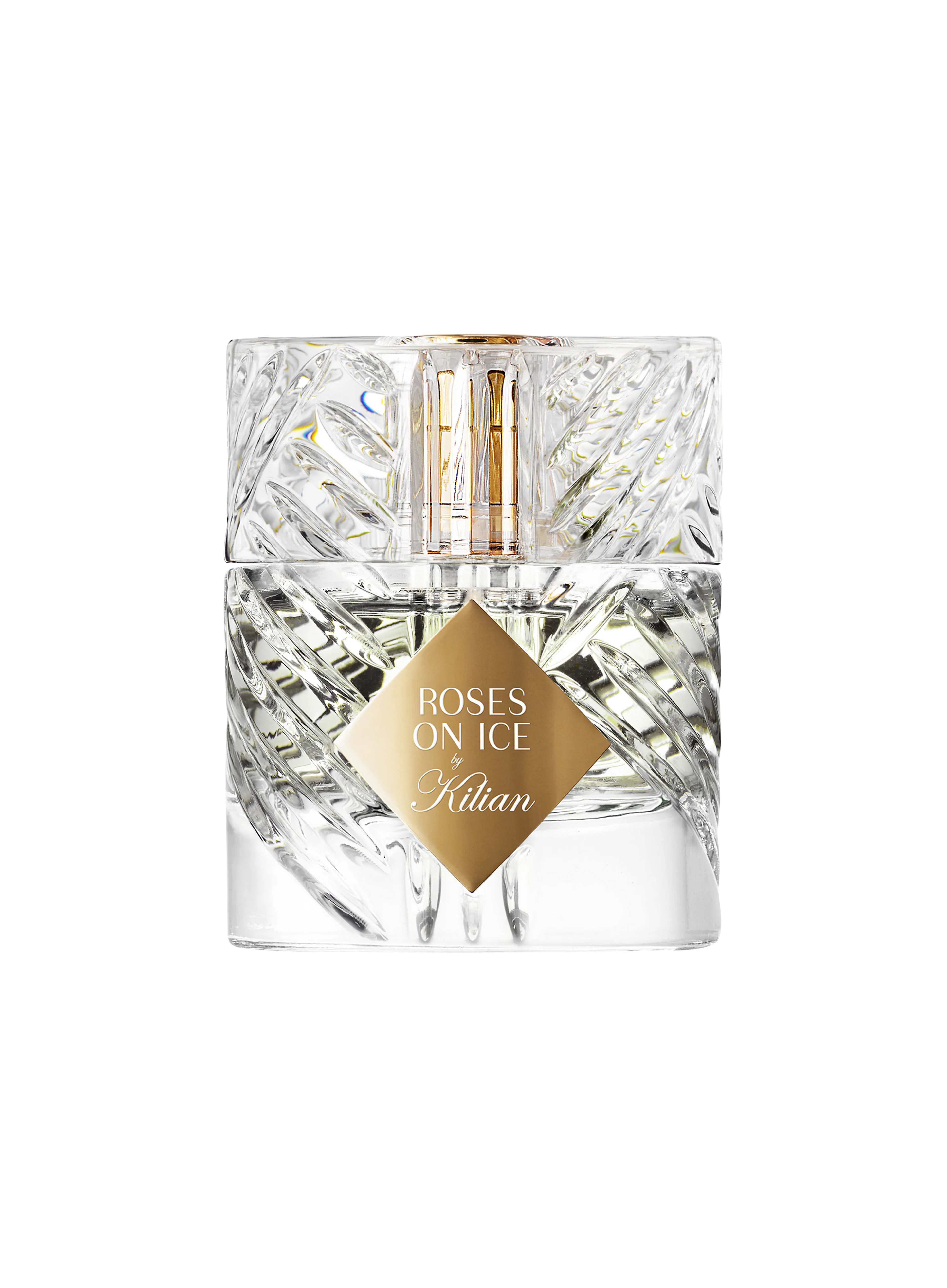 Perfume bottle labeled 'Roses on Ice' by Kilian on a white background