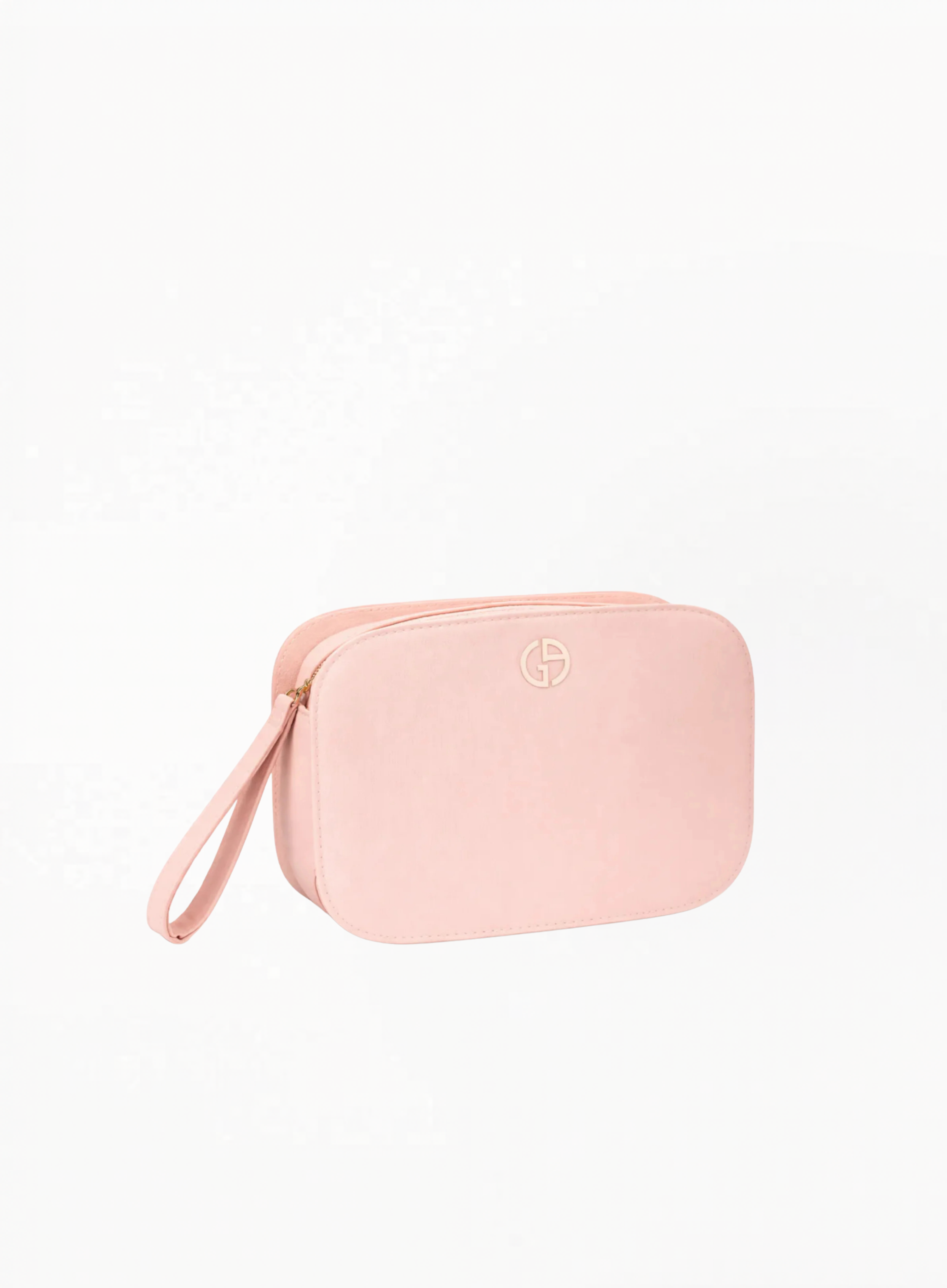 GIORGIO ARMANI cream-colored large cosmetics bag with structured silhouette, zip closure, and spacious interior, sized 21 × 16.5 × 7 cm, available at Exquisite.