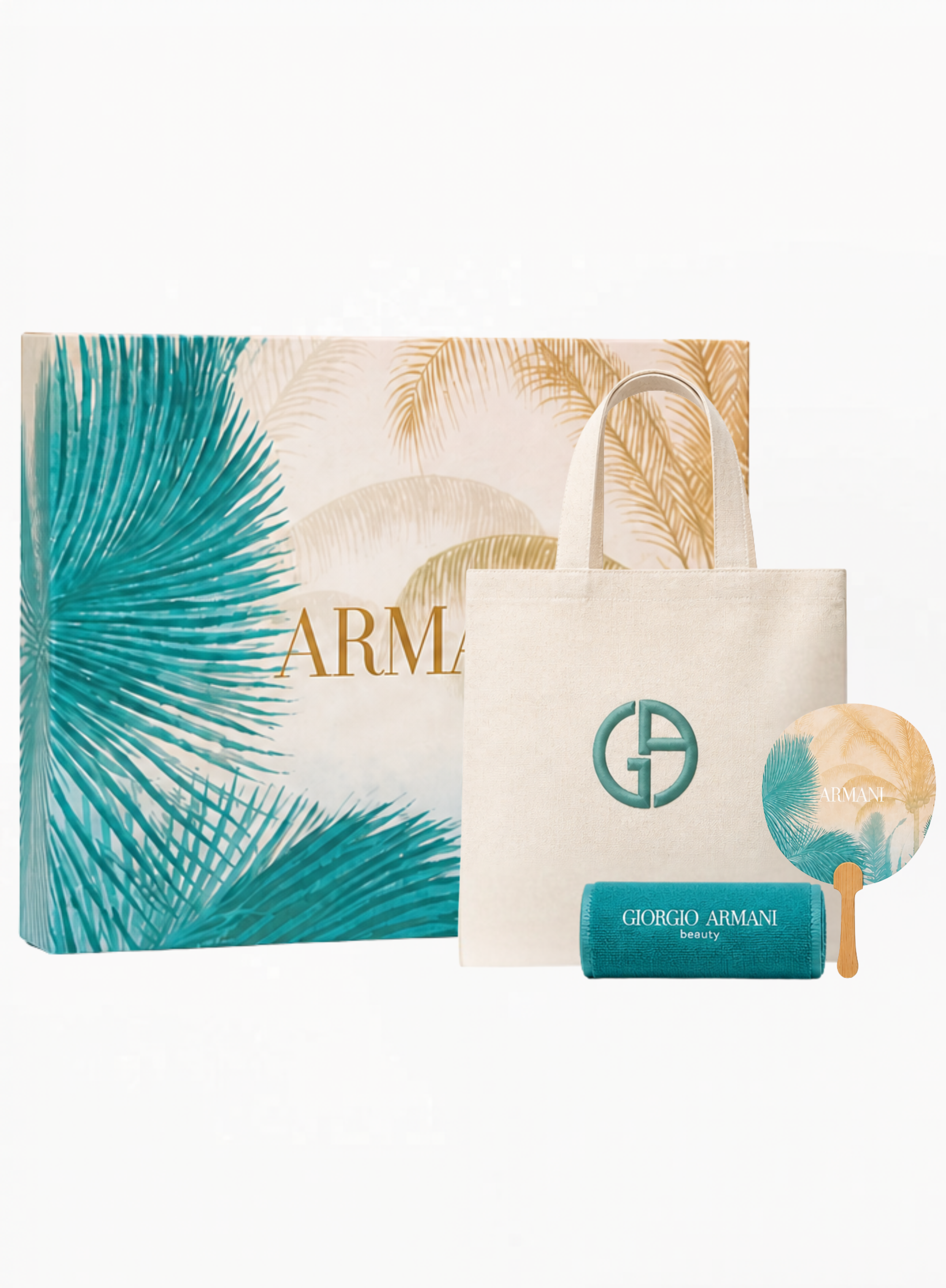 Giorgio Armani Beauty Summer Collection Set with teal towel, printed fan and beige tote bag on a white background, curated by Exquisite.
