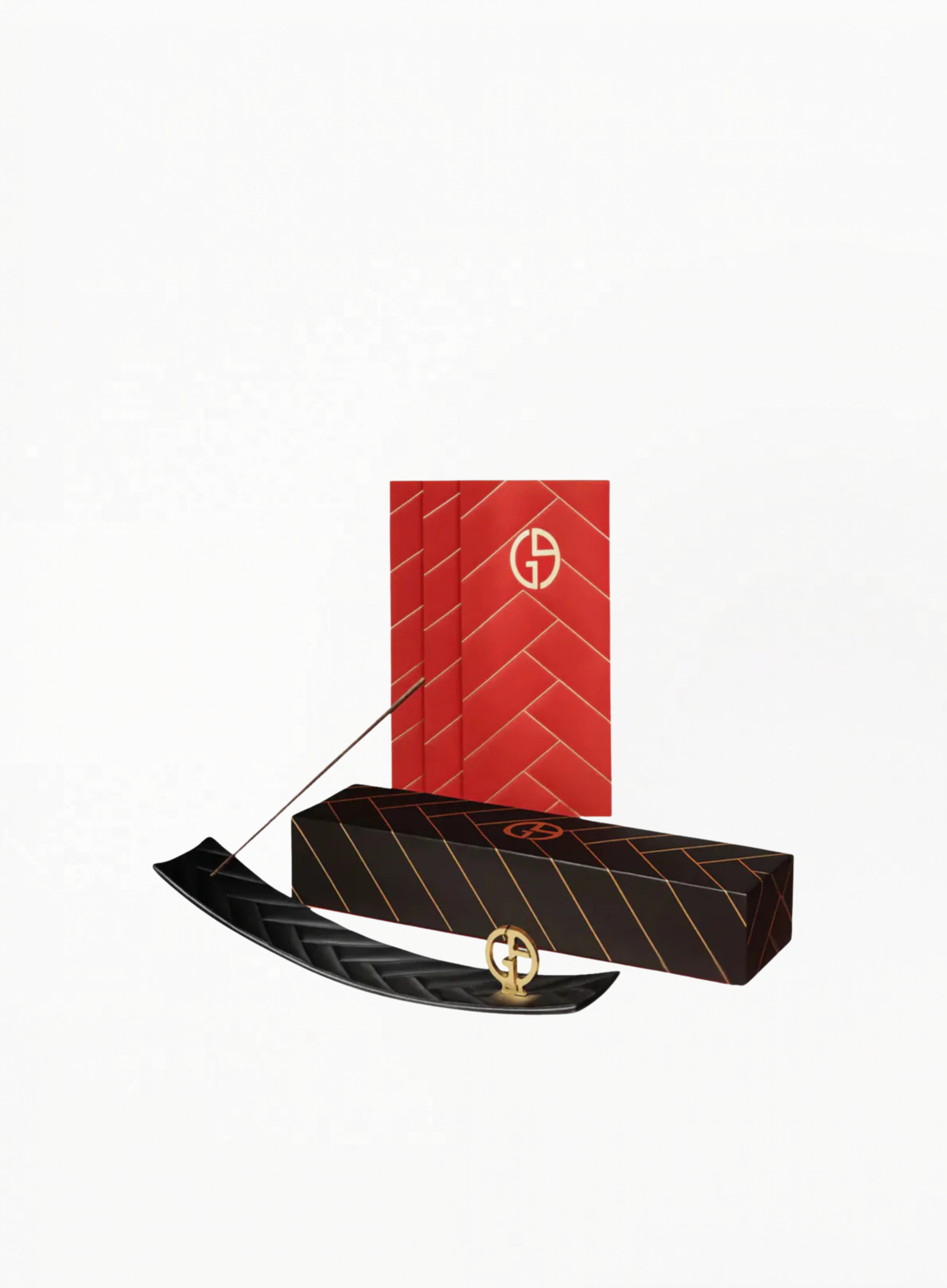 Giorgio Armani Signature incense holder set with black curved incense tray, patterned presentation box, and red branded packaging, available at Exquisite.