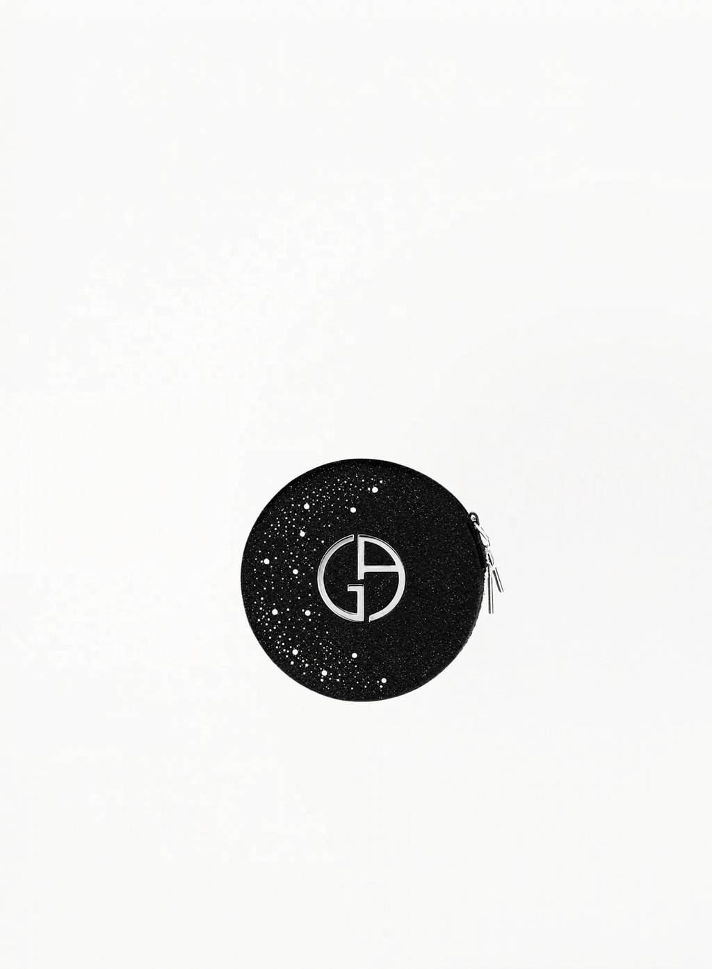 Giorgio Armani black crystal-embellished round pouch with silver signature logo and zip closure on white background – available at Exquisite.