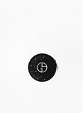 Giorgio Armani black crystal-embellished round pouch with silver signature logo and zip closure on white background – available at Exquisite.