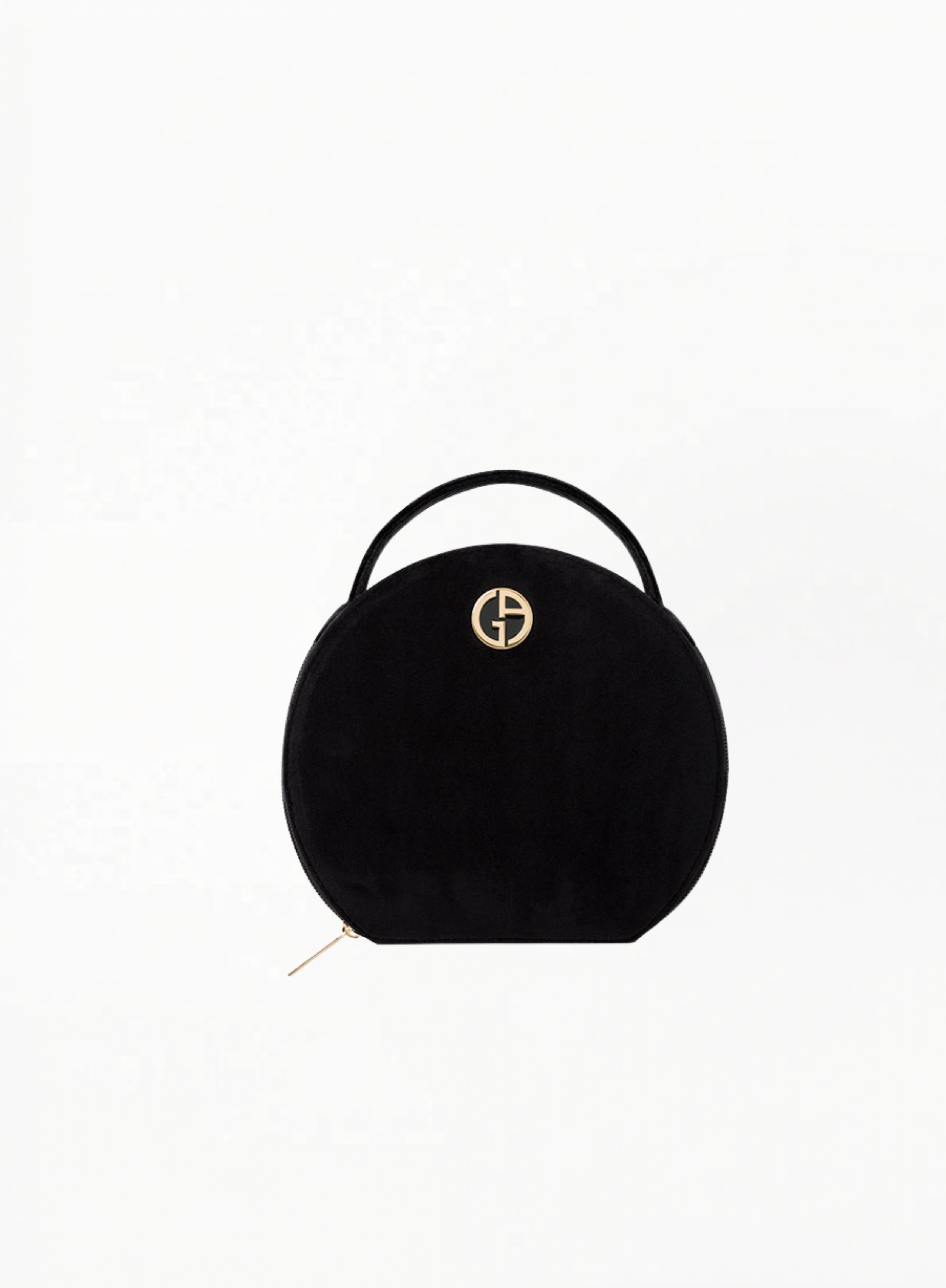 Giorgio Armani black round cosmetics bag with structured silhouette, zip closure, and embossed logo detail, ideal for makeup and travel essentials. Authentic luxury accessory available at Exquisite.