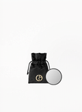 Giorgio Armani black textured mirror case with compact round mirror on white background, available at Exquisite.