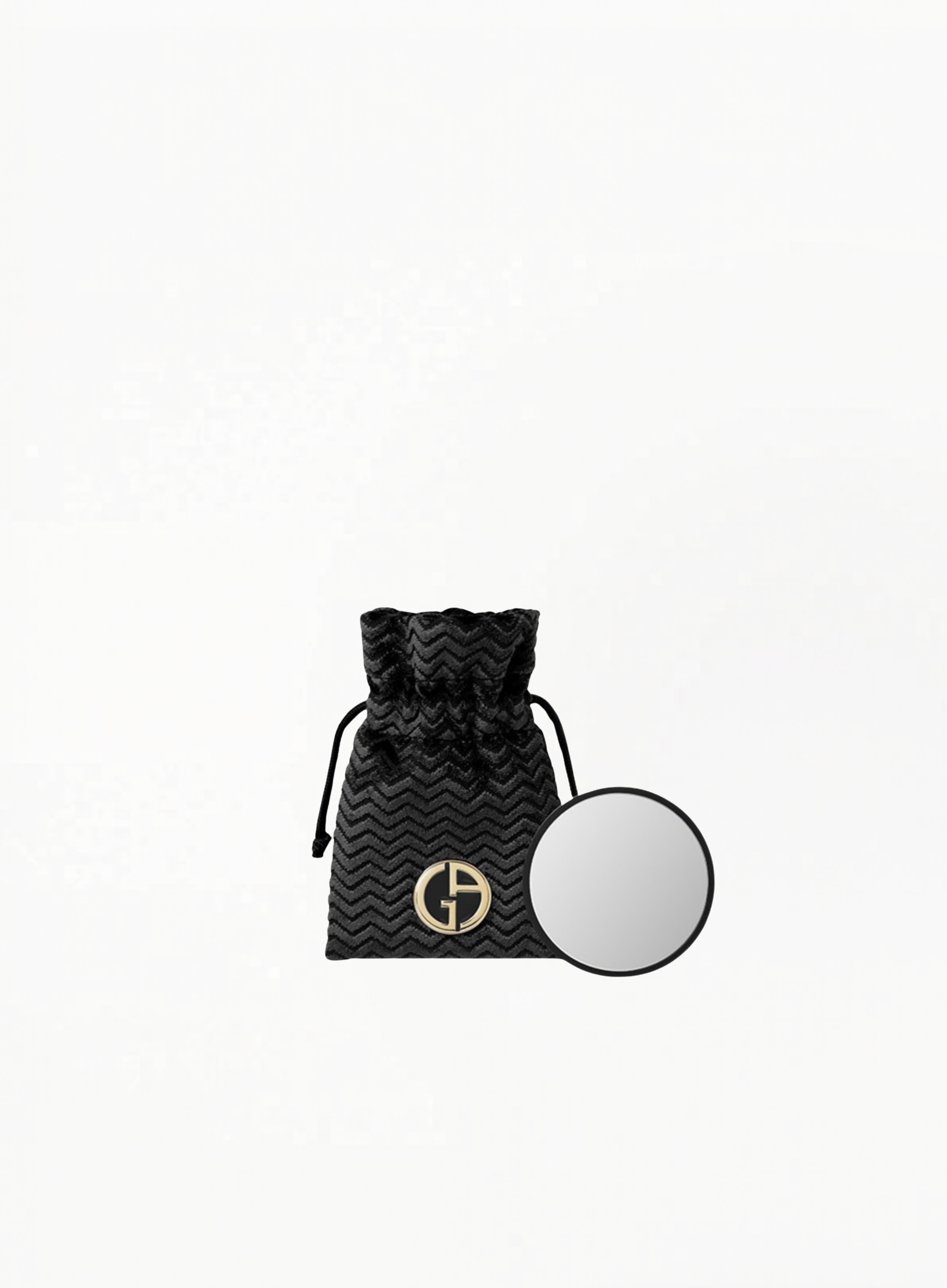 Giorgio Armani black textured mirror case with compact round mirror on white background, available at Exquisite.