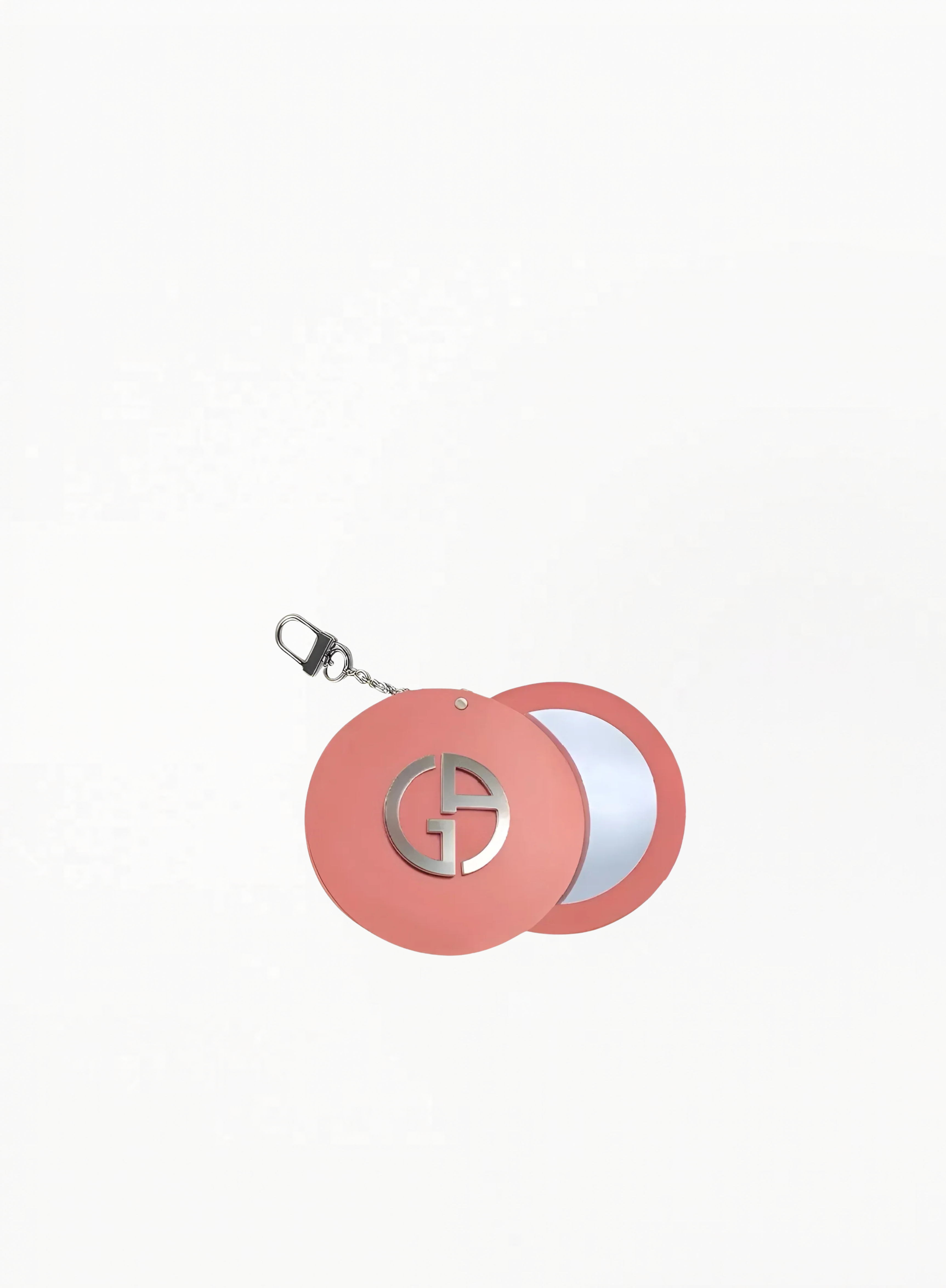 Giorgio Armani pink compact mirror keychain with silver logo and portable round mirror on white background, available at Exquisite.