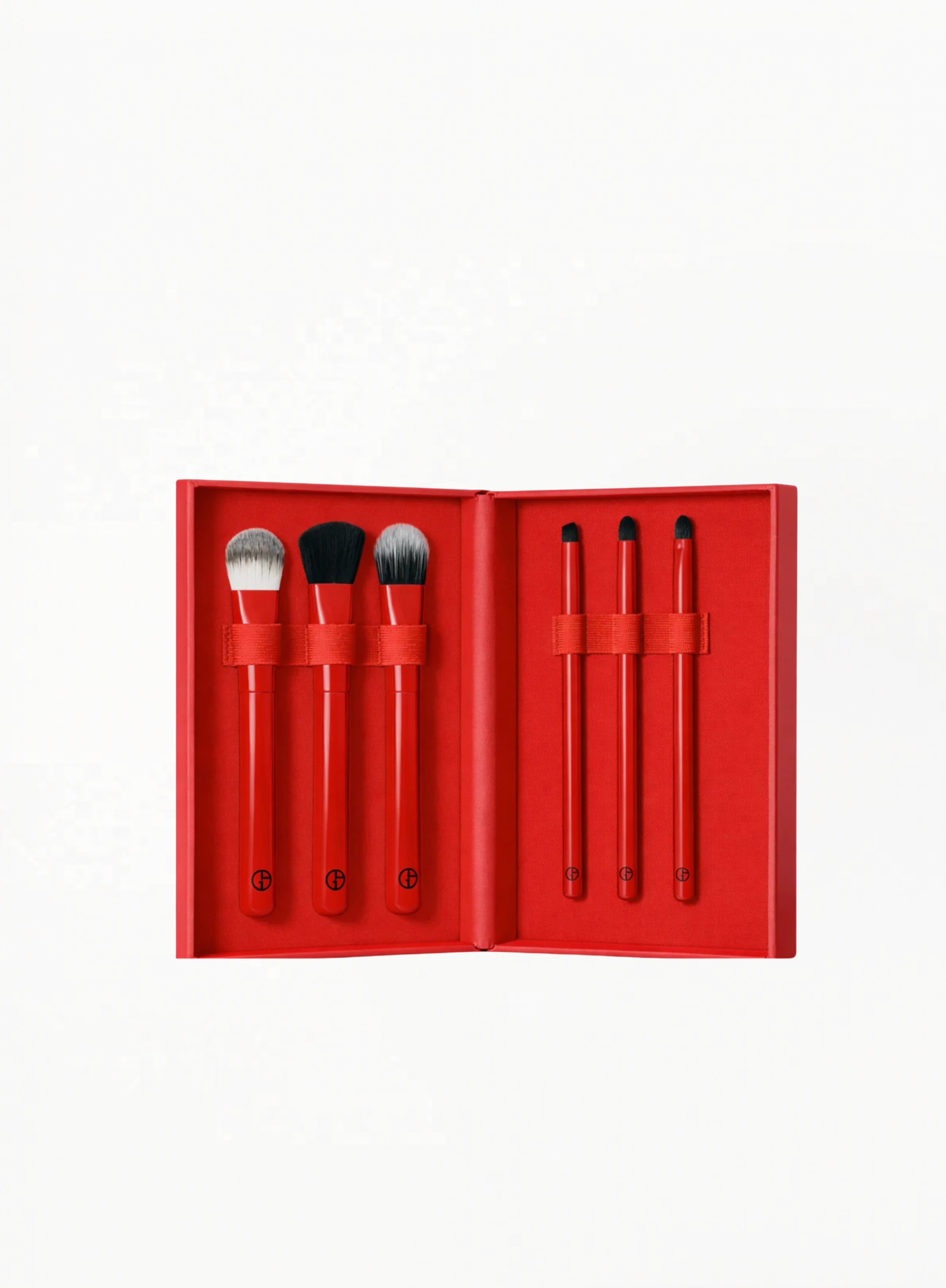 Giorgio Armani red limited edition makeup brush set featuring six brushes inside a red presentation case on a white background, available at Exquisite.