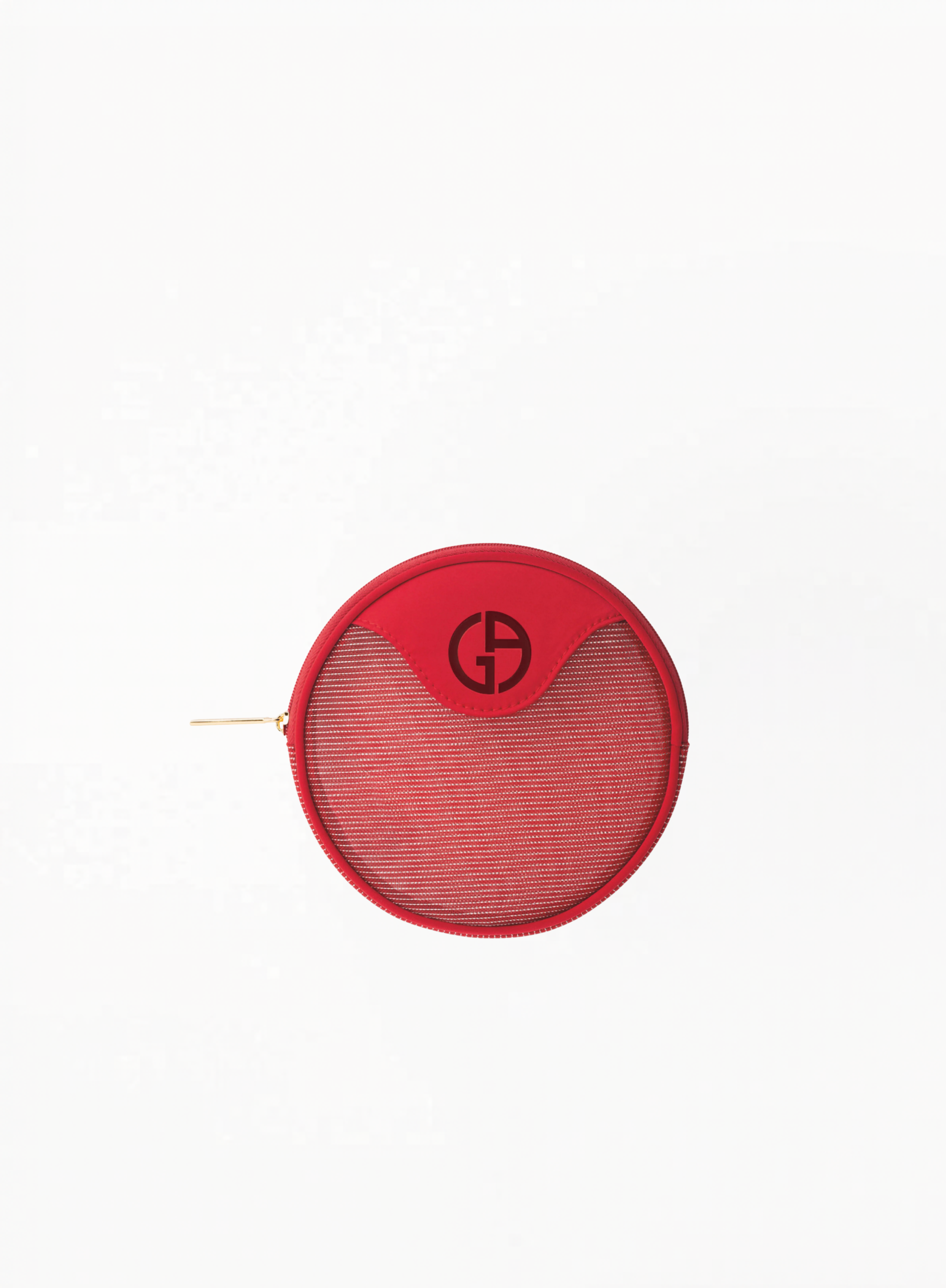 Giorgio Armani red round cosmetics bag with zip closure and compact 14cm design, ideal for makeup and travel essentials, photographed on a clean white background.