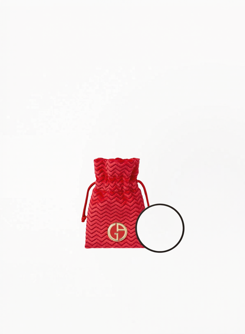Giorgio Armani red textured mirror case with compact round mirror on white background, available at Exquisite.