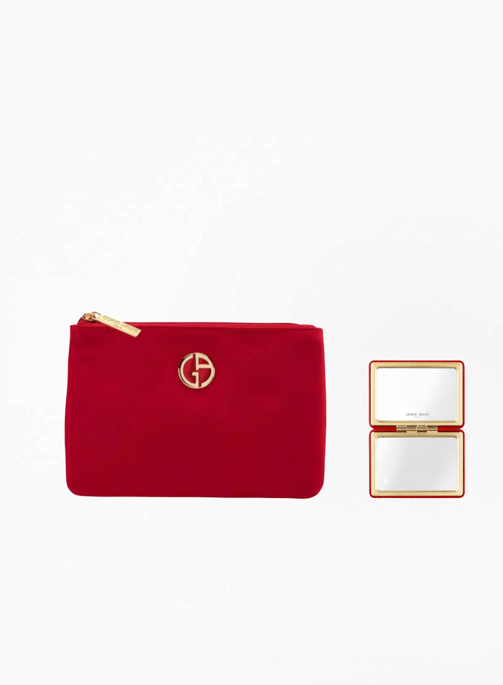 Giorgio Armani satin cosmetic bag in red with matching premium mirror, luxury makeup pouch with gold-tone zipper details, available at Exquisite.