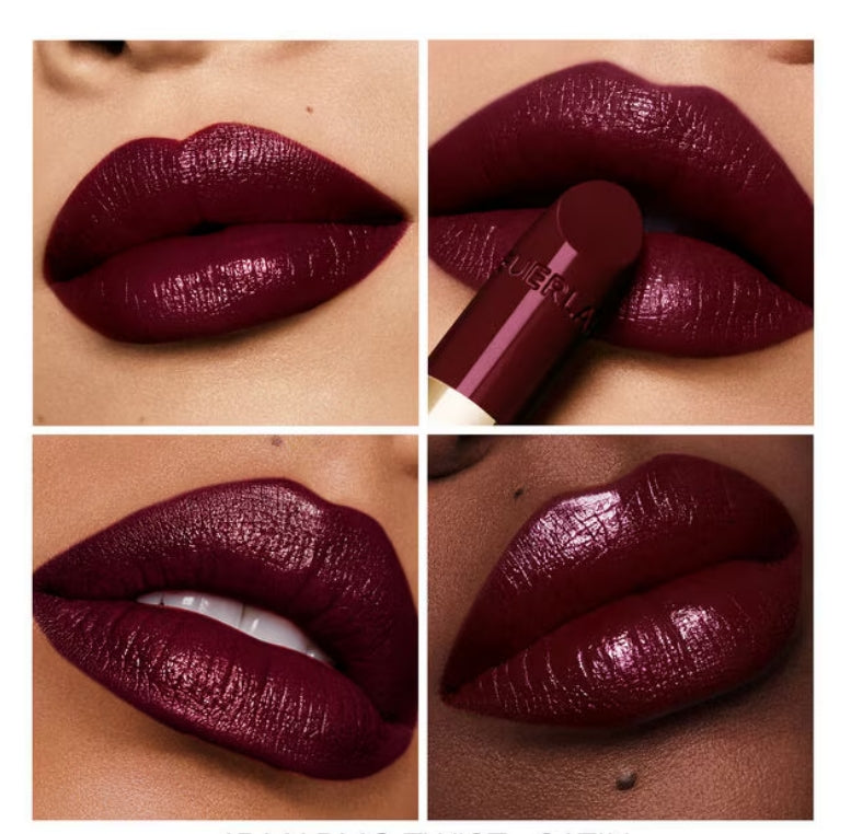 Close-up of  Guerlain x Pucci Rouge G lipstick refill shade 45 applied to lips with a product view.