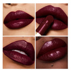 Close-up of  Guerlain x Pucci Rouge G lipstick refill shade 45 applied to lips with a product view.