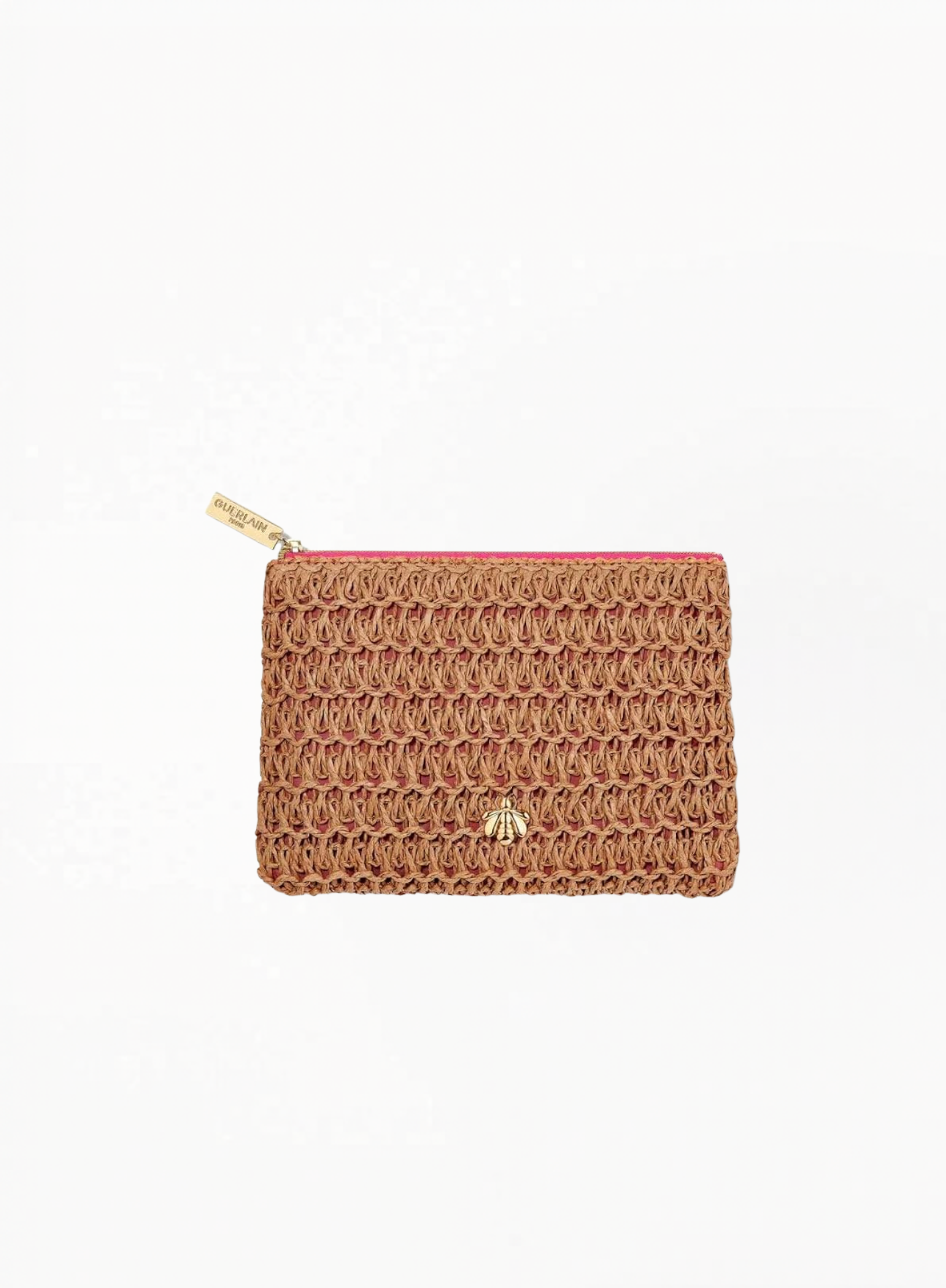 Guerlain Limited Edition Summer Woven Pouch Small with handcrafted woven texture and gold bee detail on white background — available at Exquisite.
