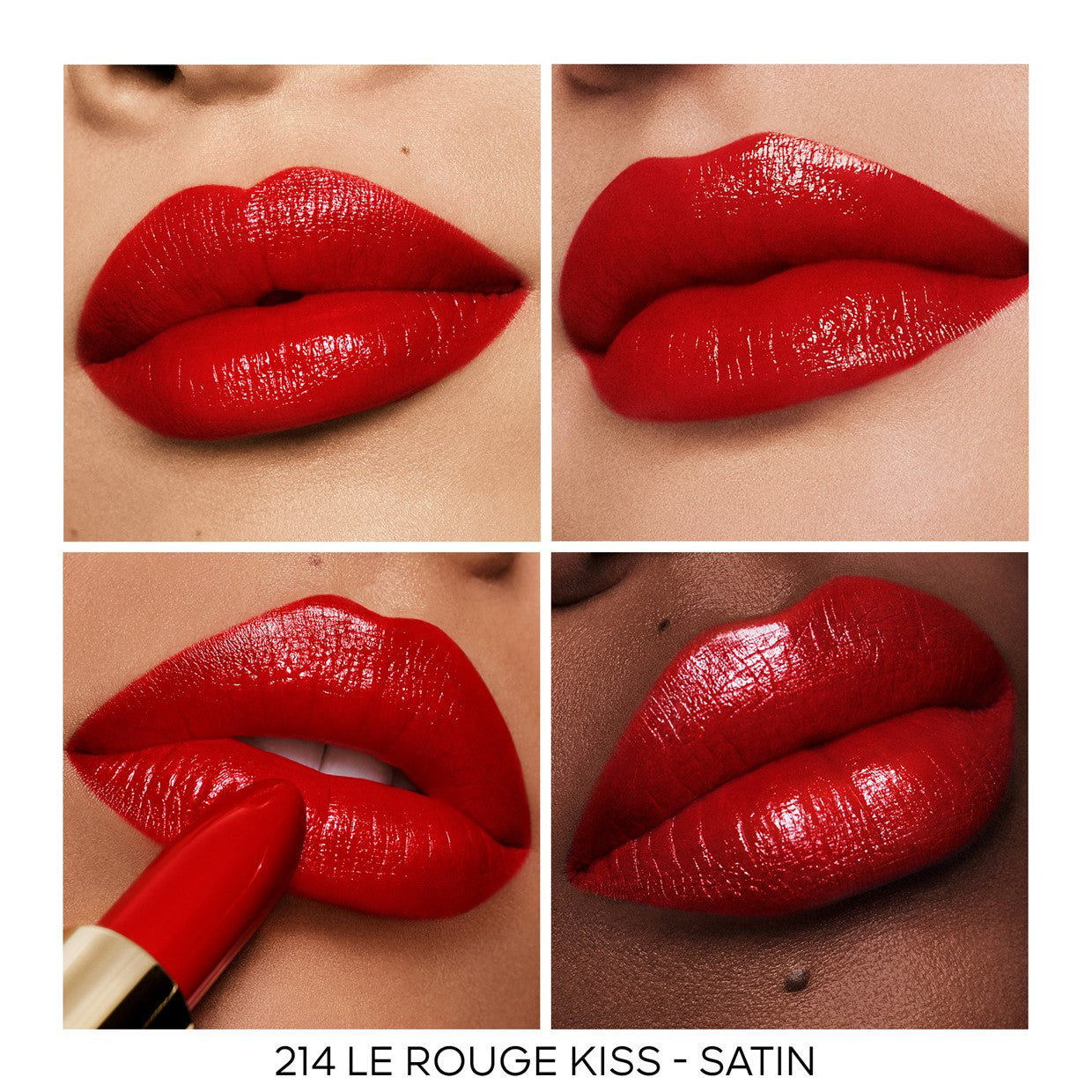 Guerlain Rouge G lipstick shade 214 Le Rouge Kiss Satin shown on lips in four close-up swatches, highlighting the satin red finish