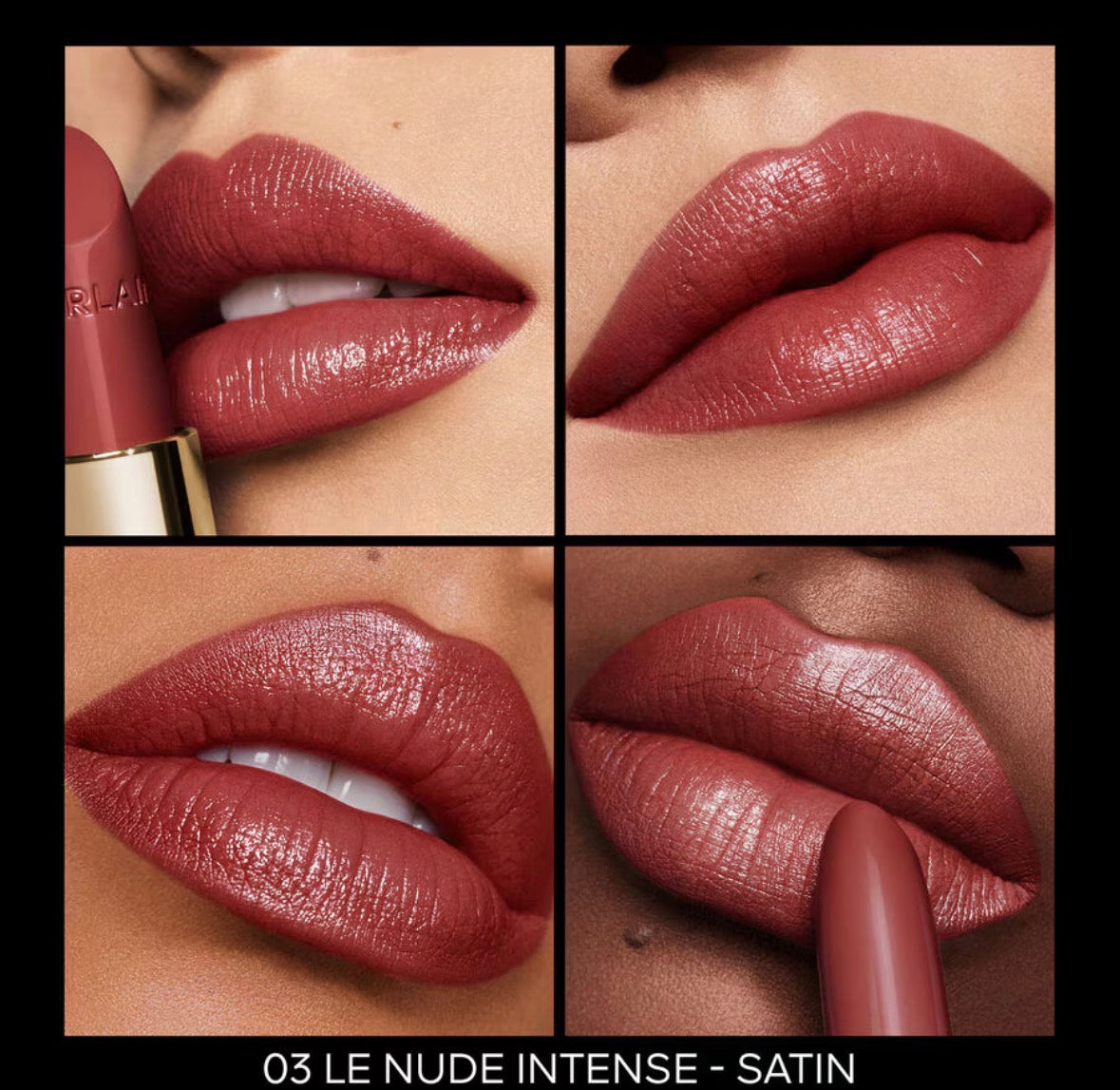 Guerlain Rouge G lipstick shade 03 Le Nude Intense Satin shown on lips in four close-up swatches