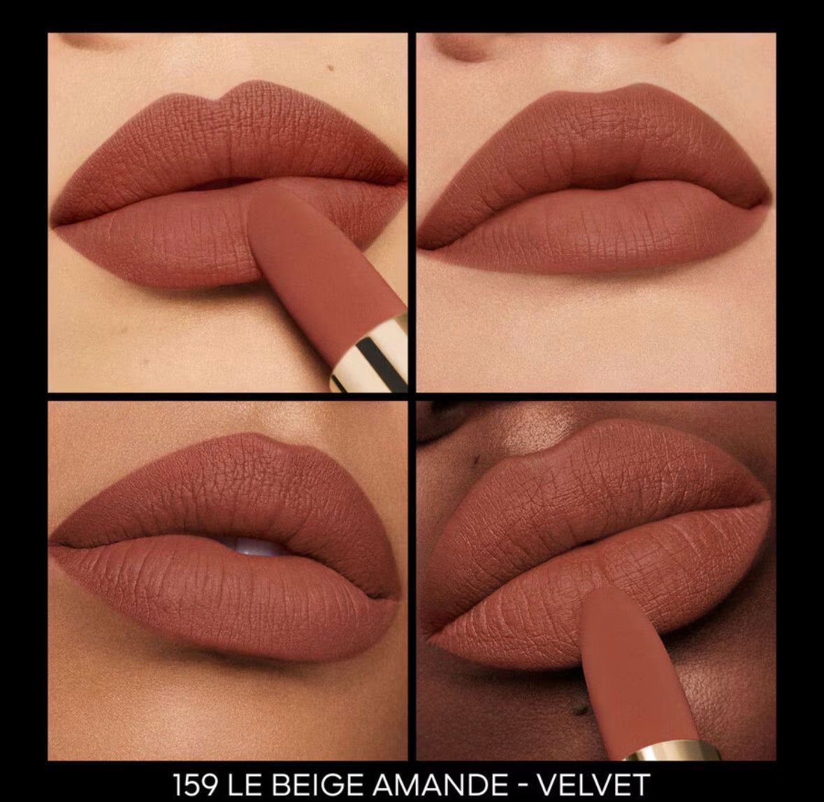 Close-up of lips wearing Guerlain Rouge G lipstick shade 159 Le Beige Amande with a velvet matte finish, shown on different skin tones.