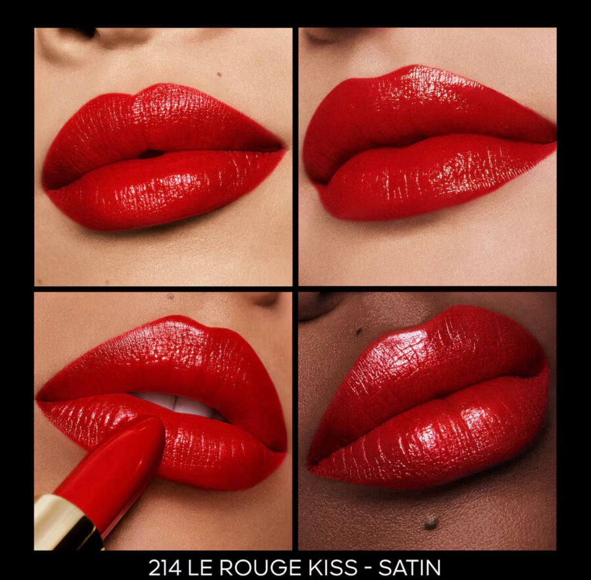 Guerlain Rouge G lipstick shade 214 Le Rouge Kiss Satin shown on lips in four close-up swatches, highlighting the satin red finish