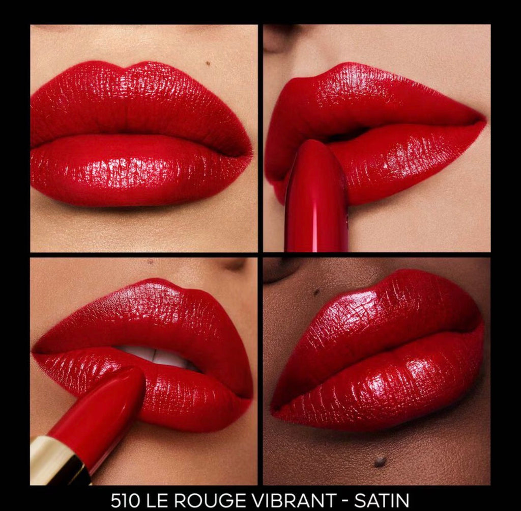 Close-up of lips wearing Guerlain Rouge G lipstick shade 510 Le Rouge Vibrant with a luminous satin finish, displayed across multiple skin tones.
