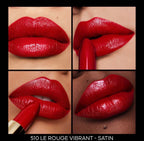 Close-up of lips wearing Guerlain Rouge G lipstick shade 510 Le Rouge Vibrant with a luminous satin finish, displayed across multiple skin tones.
