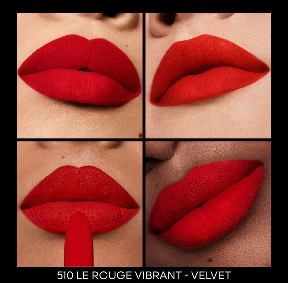 Guerlain Rouge G lipstick shade 510 Le Rouge Vibrant Velvet shown on lips in four close-up swatches, highlighting the velvety matte red finish