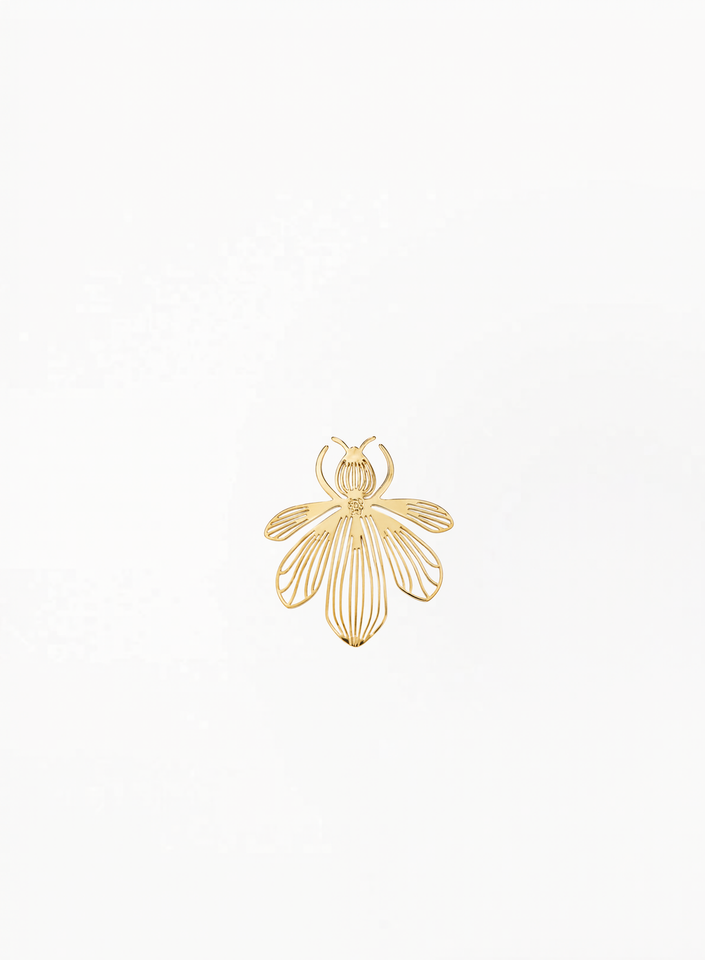 Guerlain gold bee brooch with sculpted striped details, presented on a clean minimalist background with elegant luxury accessory styling and authentic Guerlain-inspired design.