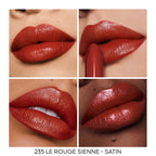 Collage of a red lipstick on lips with different skin tones, labeled '235 Le Rouge Sienne Satin' Guerlain lipstick