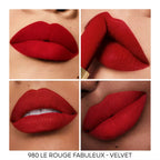 guerlain lipstick Close-up on lips with '980 Le Rouge Fabuleux - Velvet' text.