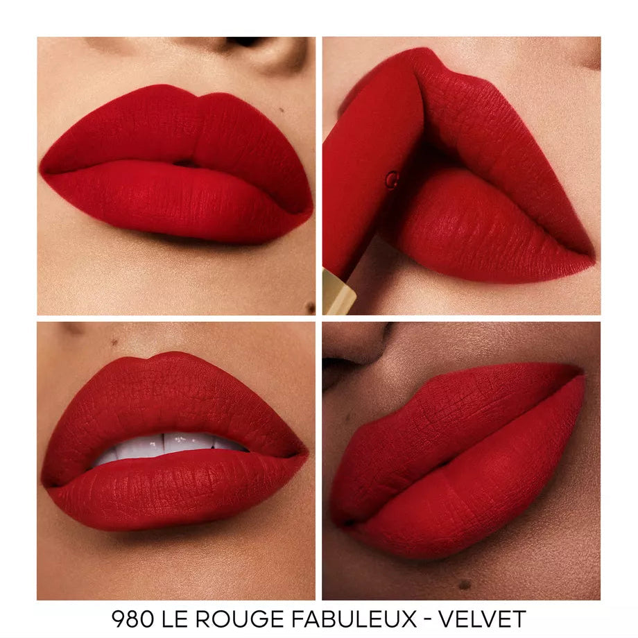 guerlain lipstick Close-up on lips with '980 Le Rouge Fabuleux - Velvet' text.