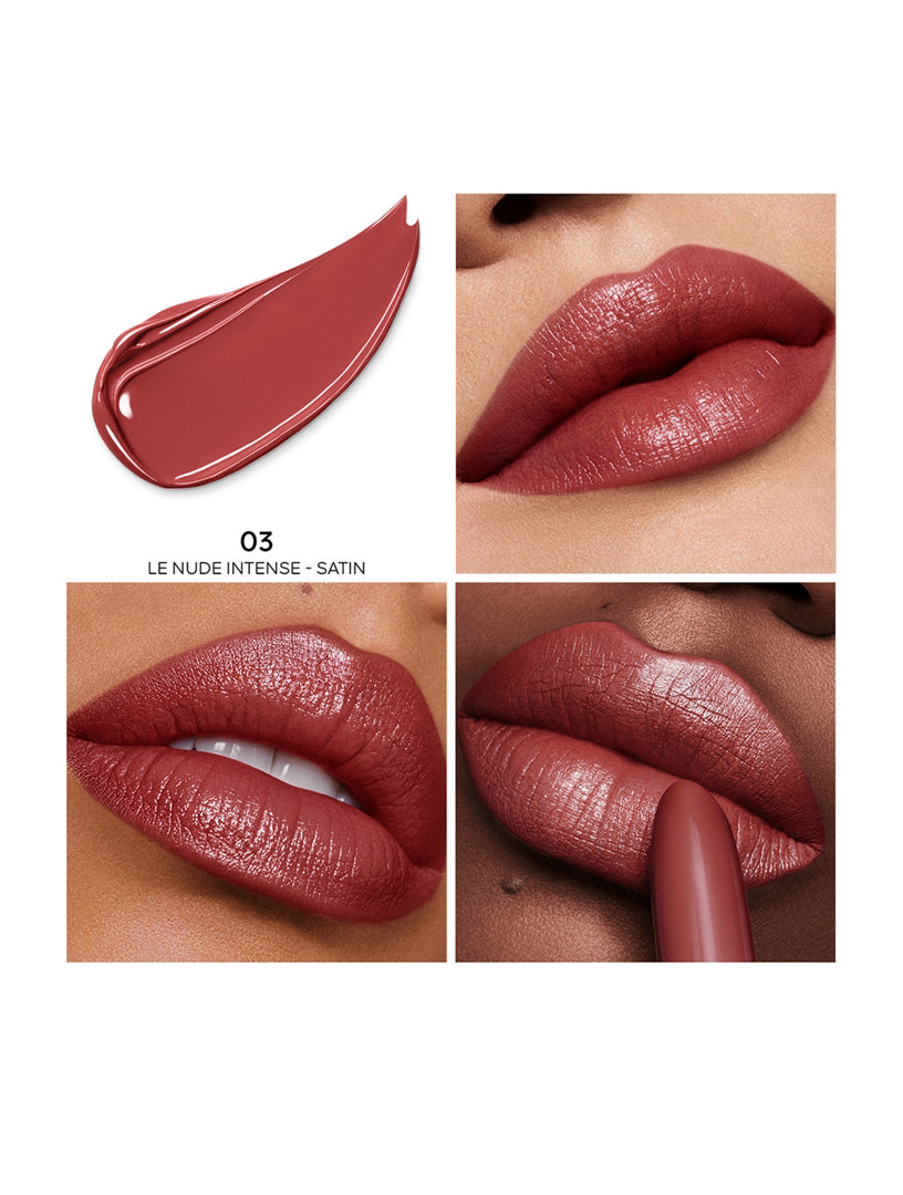 Guerlain Lipstick Le Nude Intense Satin 03 Collage - lipstick shade with close-up applications on lips.