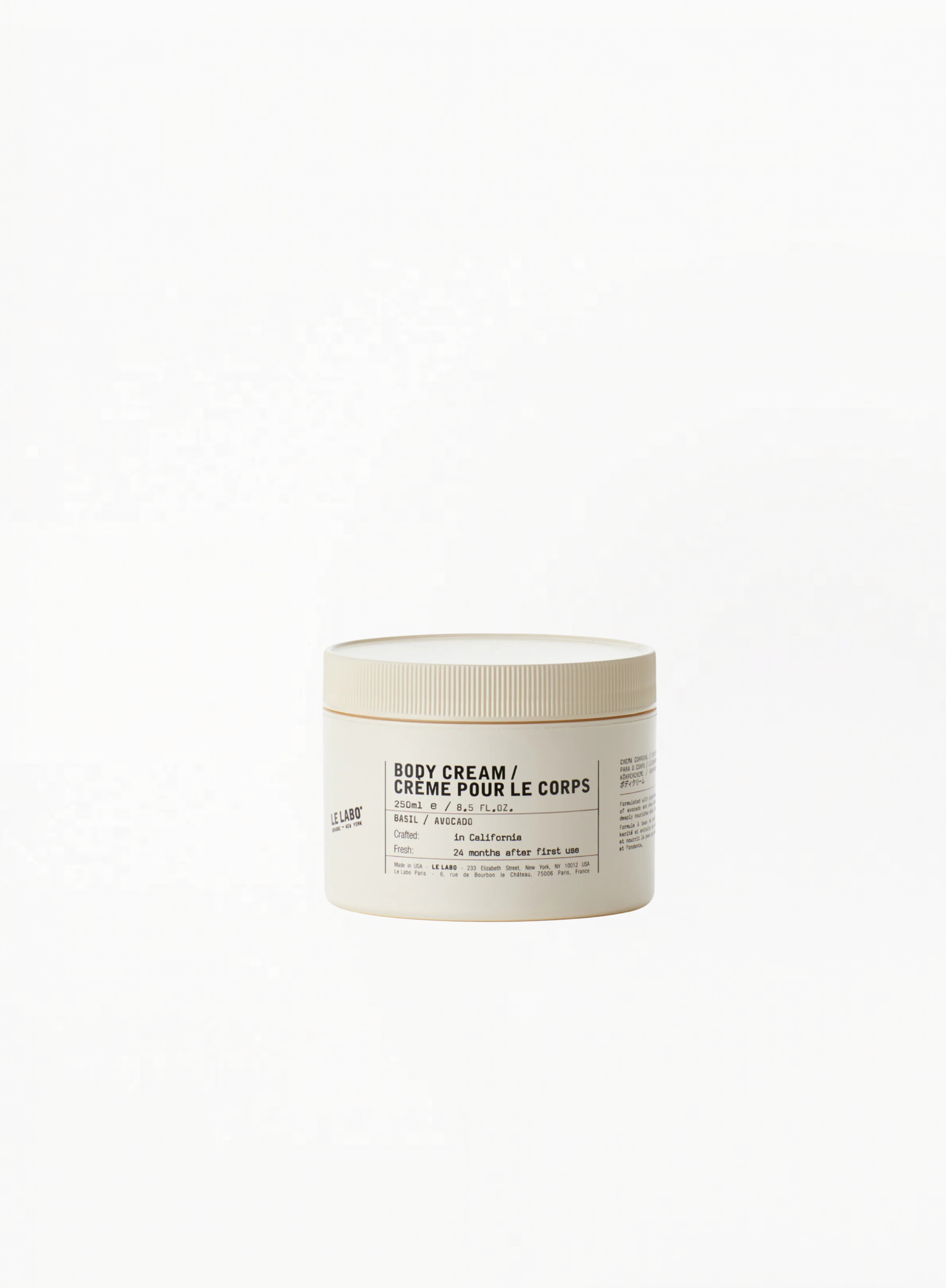 LE LABO Basil Body Cream 250ml with signature minimal packaging, available at Exquisite.