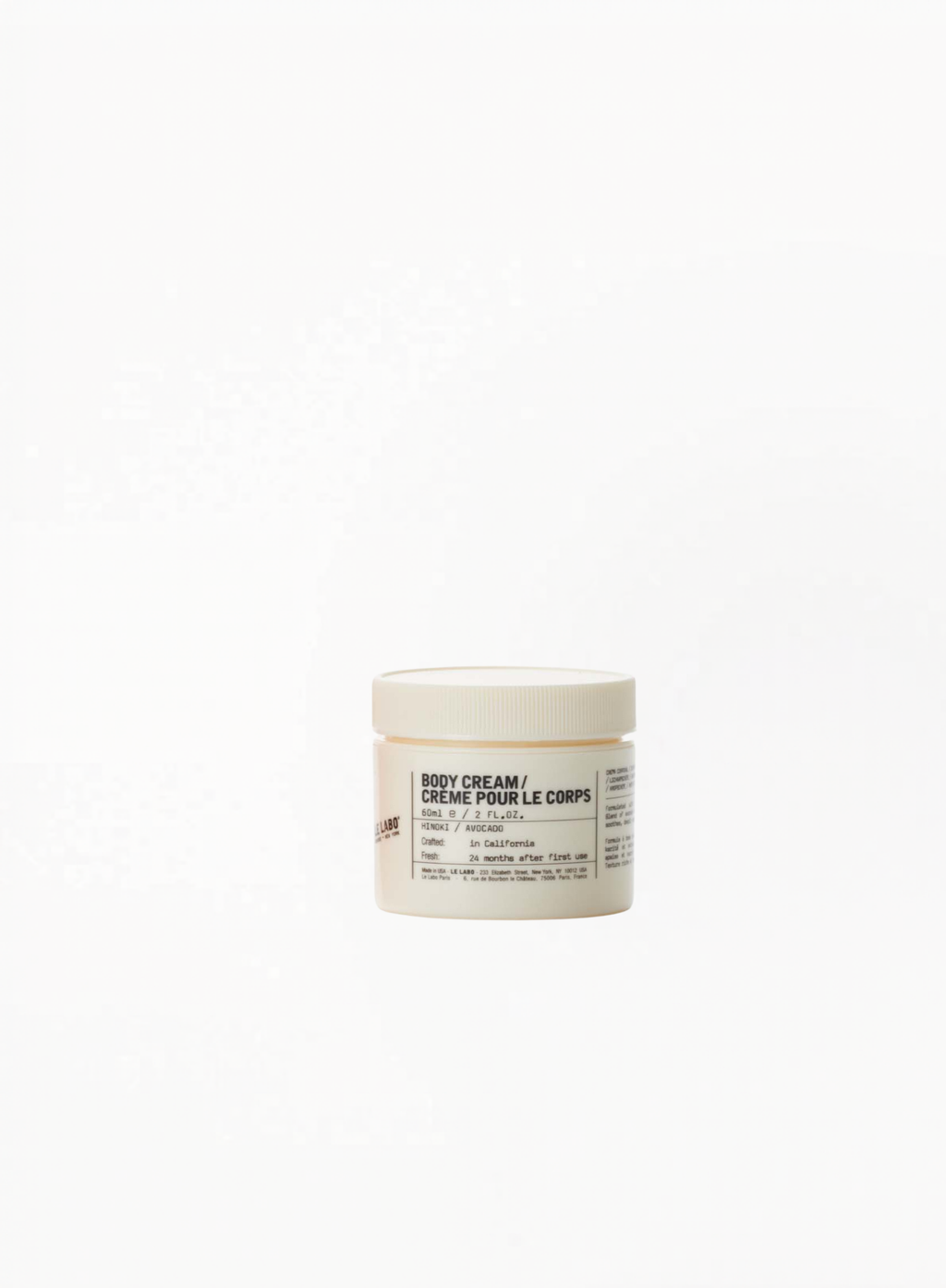 LE LABO Body Cream Hinoki 60ml with signature minimal packaging, available at Exquisite.