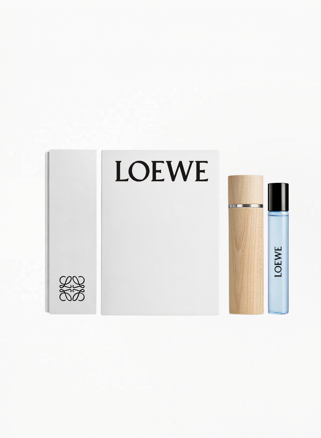 LOEWE Agua El For Men Eau de Toilette 15ML fragrance with engraved LOEWE wooden case, an elegant travel-size perfume set available at Exquisite.