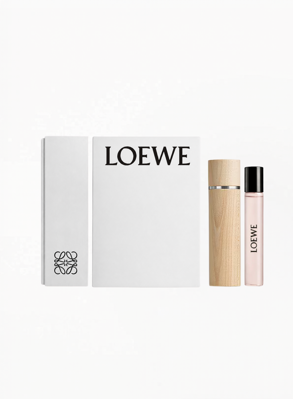LOEWE Agua Ella 15ML fragrance with engraved LOEWE wooden case, an elegant travel-size perfume set available at Exquisite.