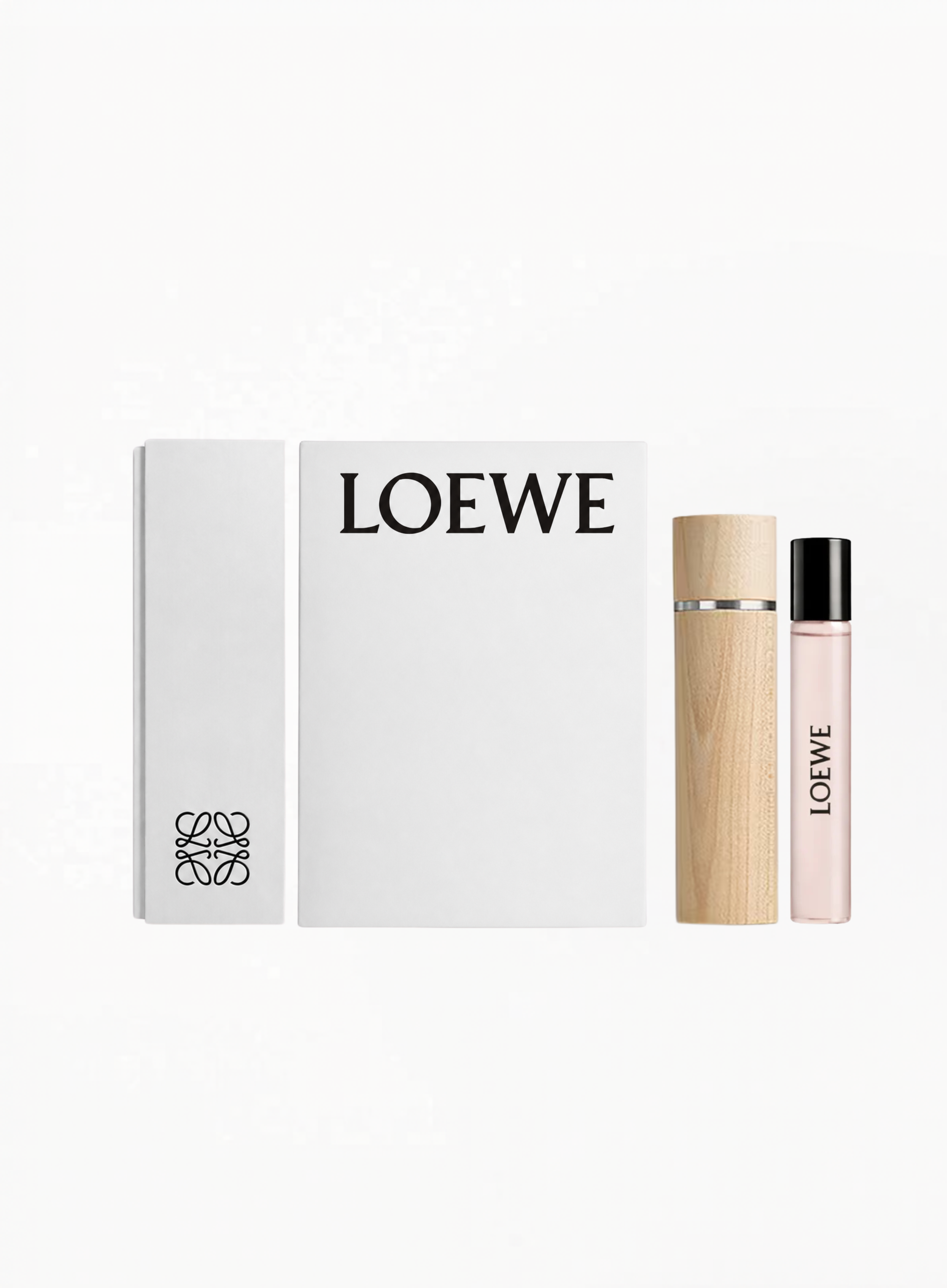 LOEWE Agua Ella 15ML fragrance with engraved LOEWE wooden case, an elegant travel-size perfume set available at Exquisite.