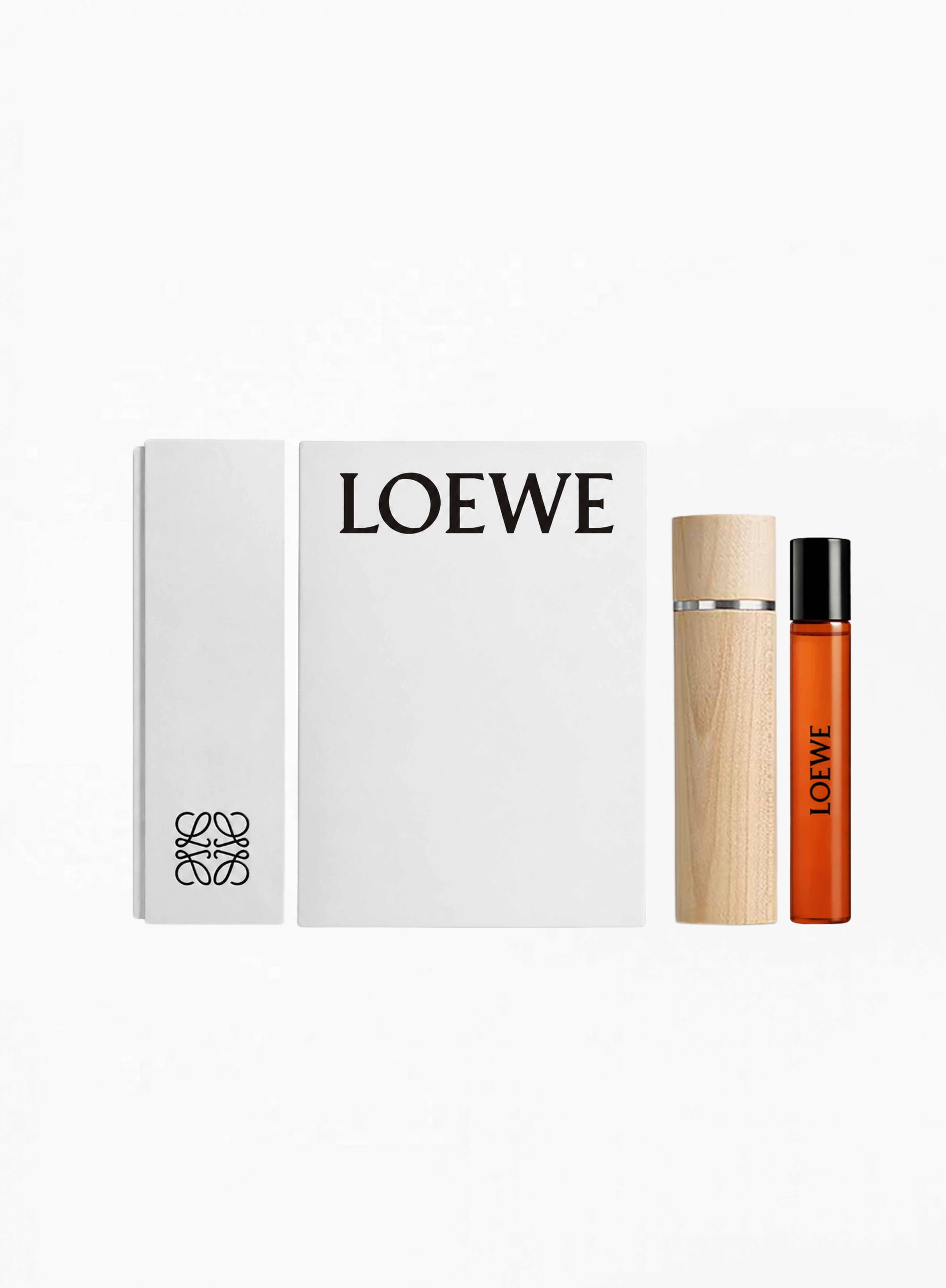 LOEWE Solo 15ML fragrance with engraved LOEWE wooden case, an elegant travel-size perfume set available at Exquisite.
