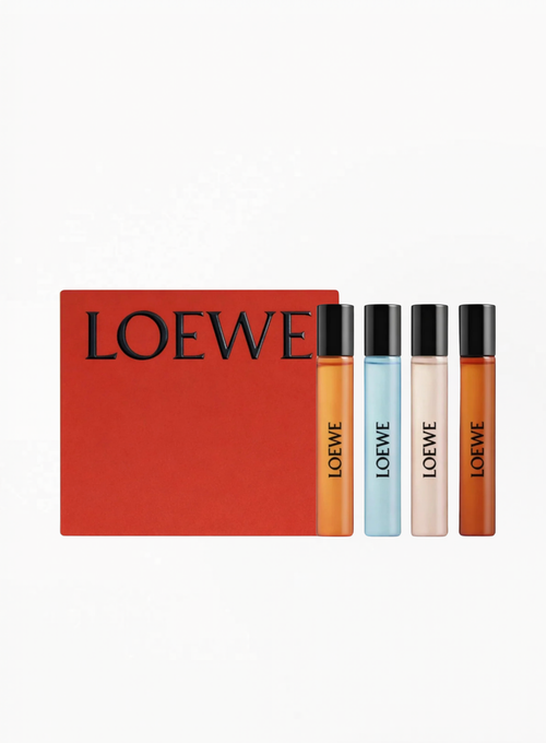 LOEWE limited-edition discovery set in red embossed box with four 15ml glass fragrance vials, including Agua El, Agua Ella, Solo and Solo Ella, available at Exquisite.