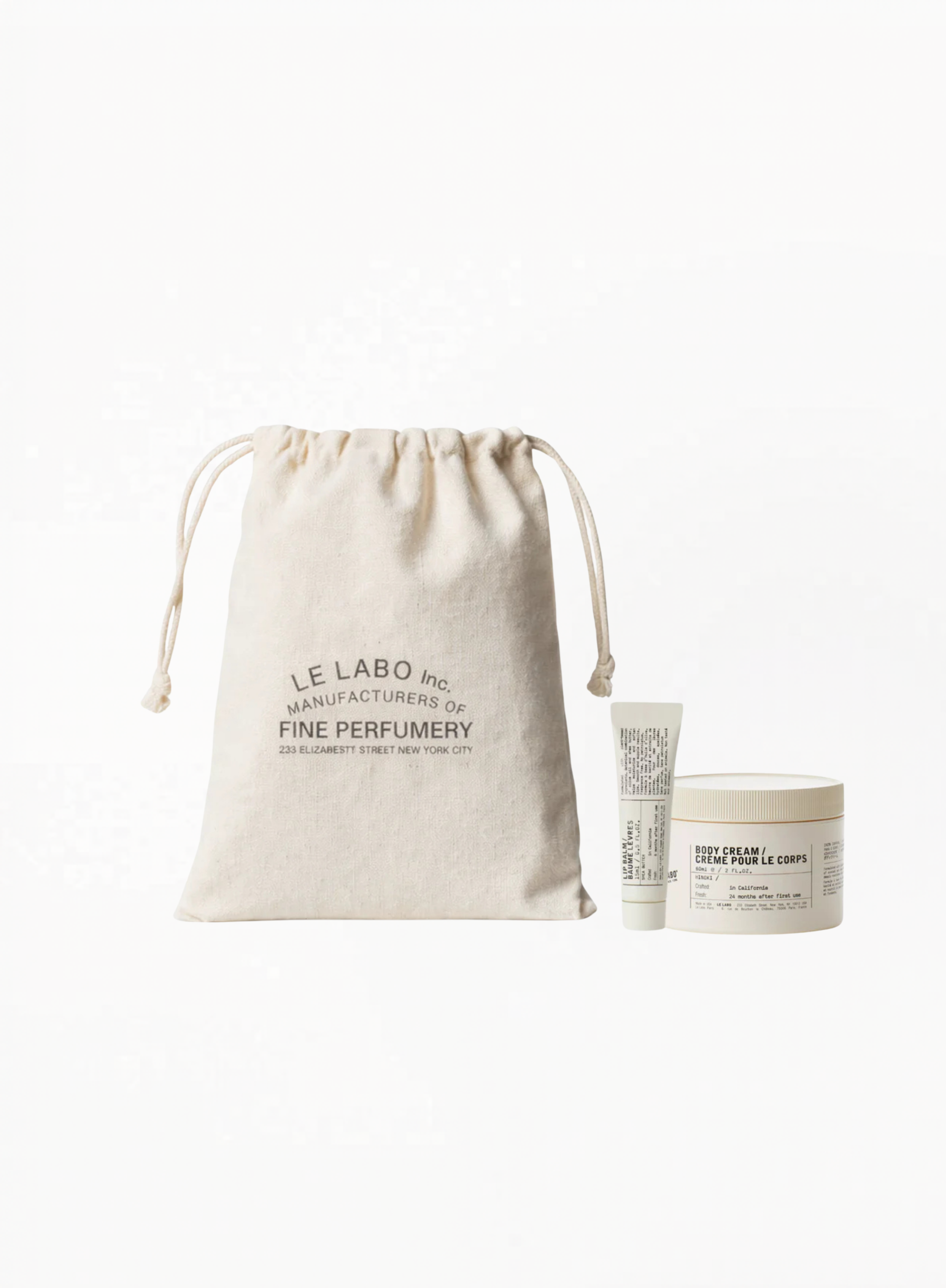Le Labo Care Set with lip balm and Hinoki body cream, authentic luxury body care set available at Exquisite.