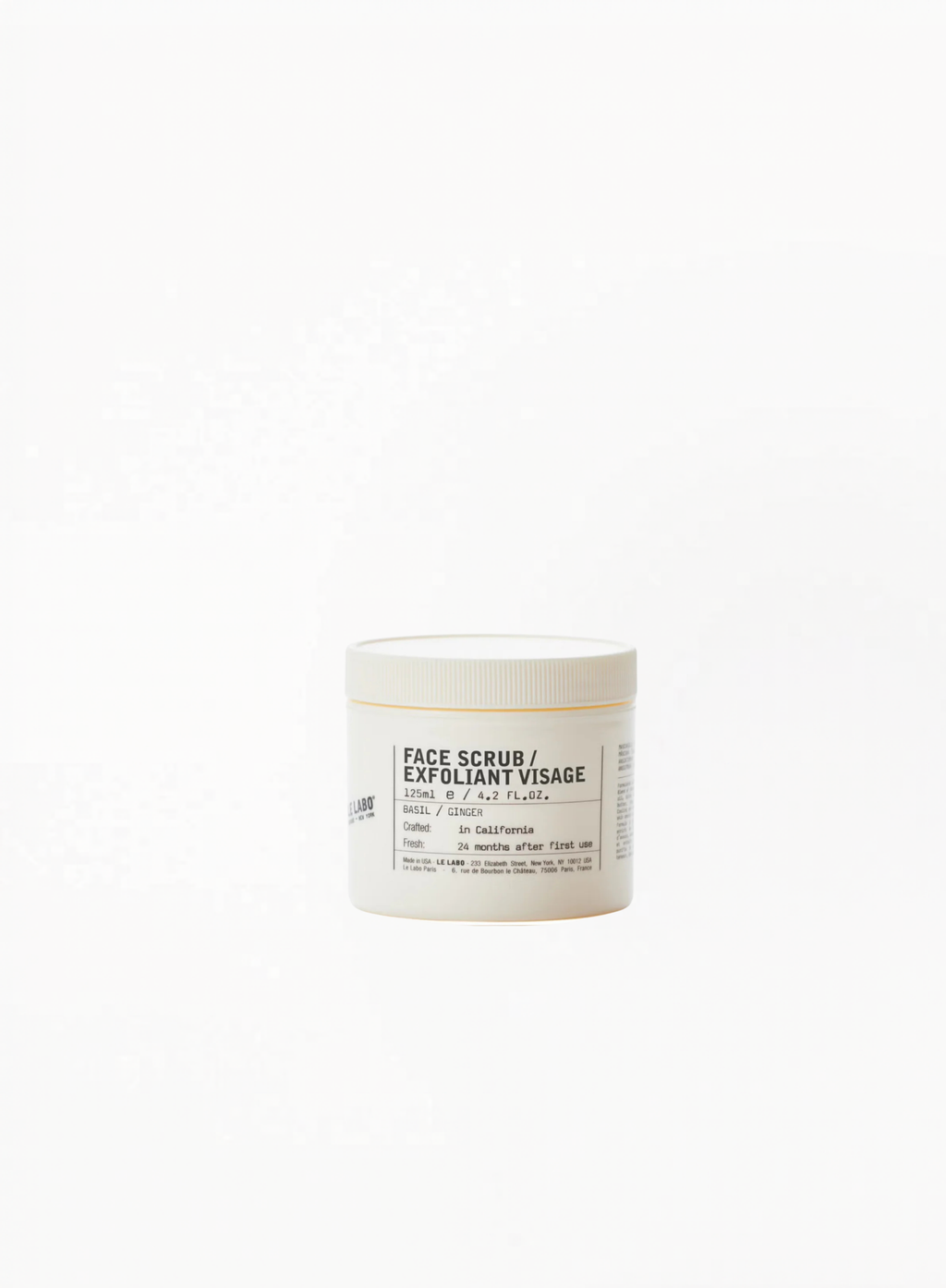 Le Labo Face Scrub Basil / Ginger 125ml with signature minimal packaging, available at Exquisite.