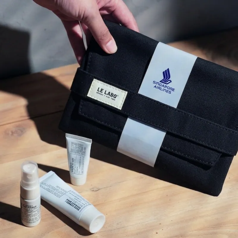 Le Labo travel skincare set with pouch, Singapore Airlines exclusive, authentic luxury travel care set available at Exquisite.