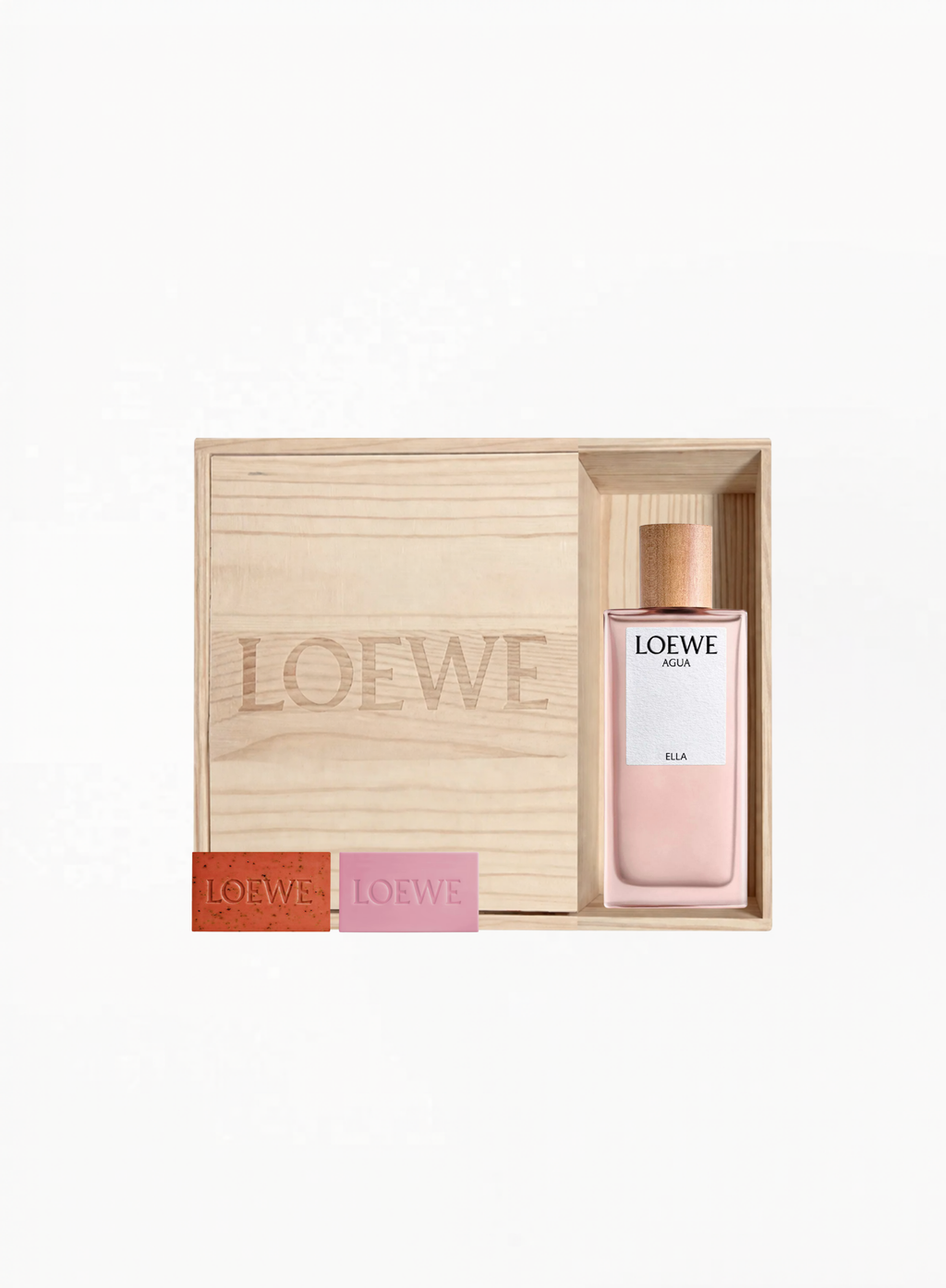 Loewe Wooden Box Gift Set with Tomato Leaves Soap Bar 50g and Agua Ella 50ml, presented in a collectible wooden box, available at Exquisite.