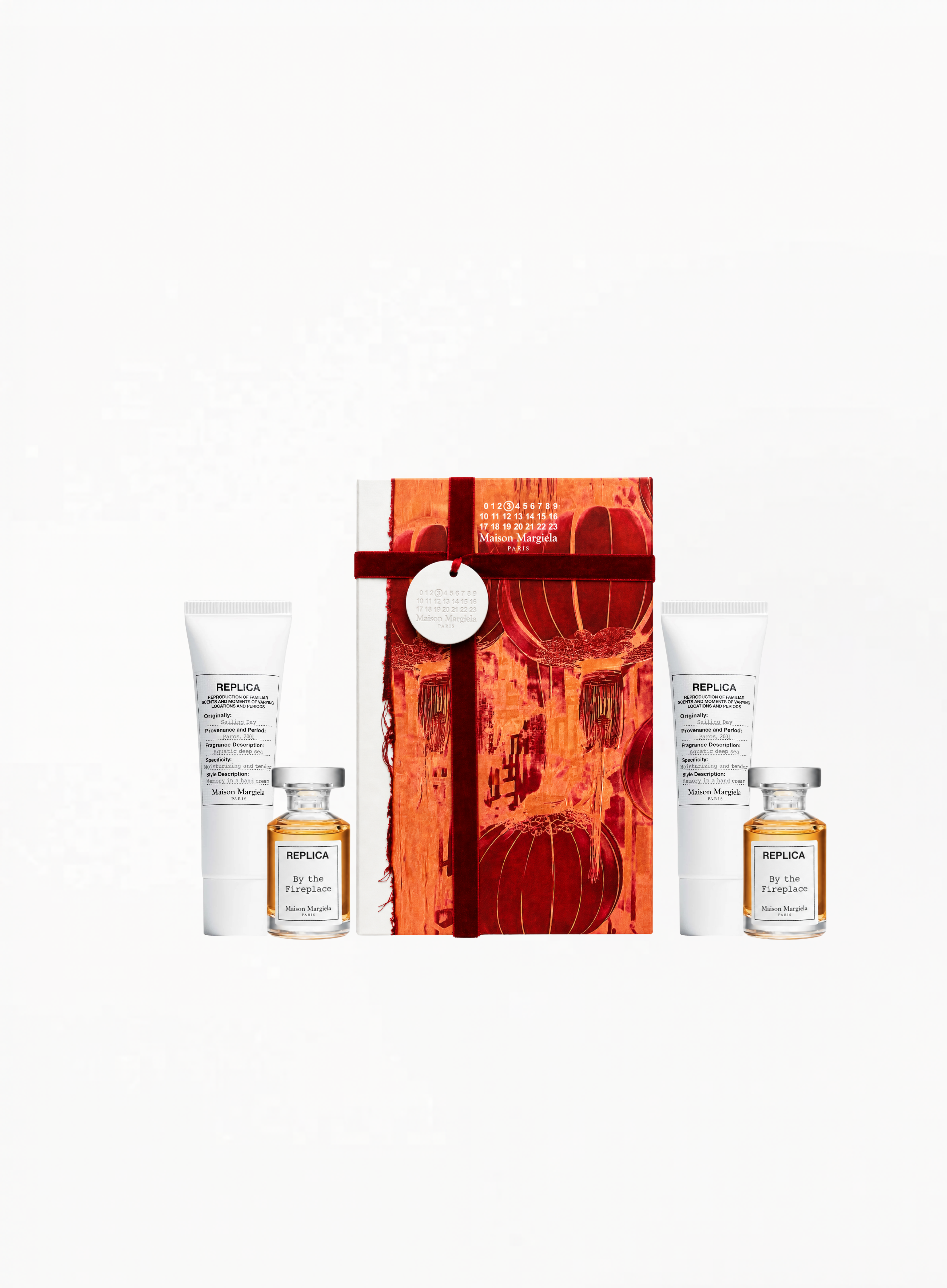 Maison Margiela Gift Set featuring By The Fireplace 7ML x2 and Sailing Day Hand & Body Cream 15ML, authentic luxury fragrance and body care set available at Exquisite.