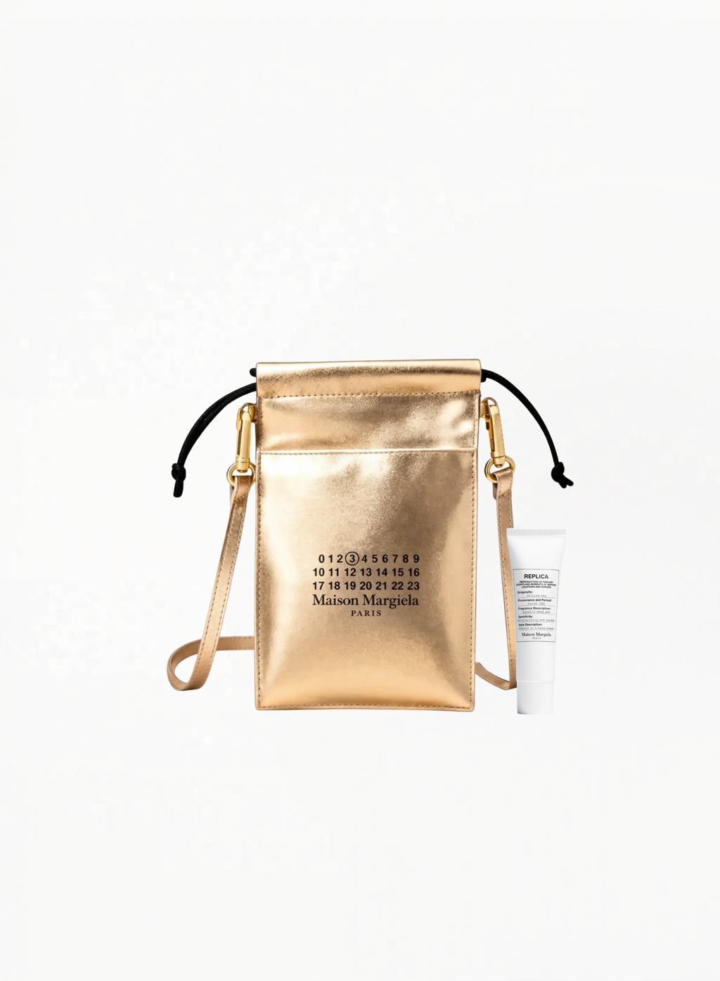  Maison Margiela Golden Premium Pouch with shoulder strap, authentic luxury accessory available at Exquisite.