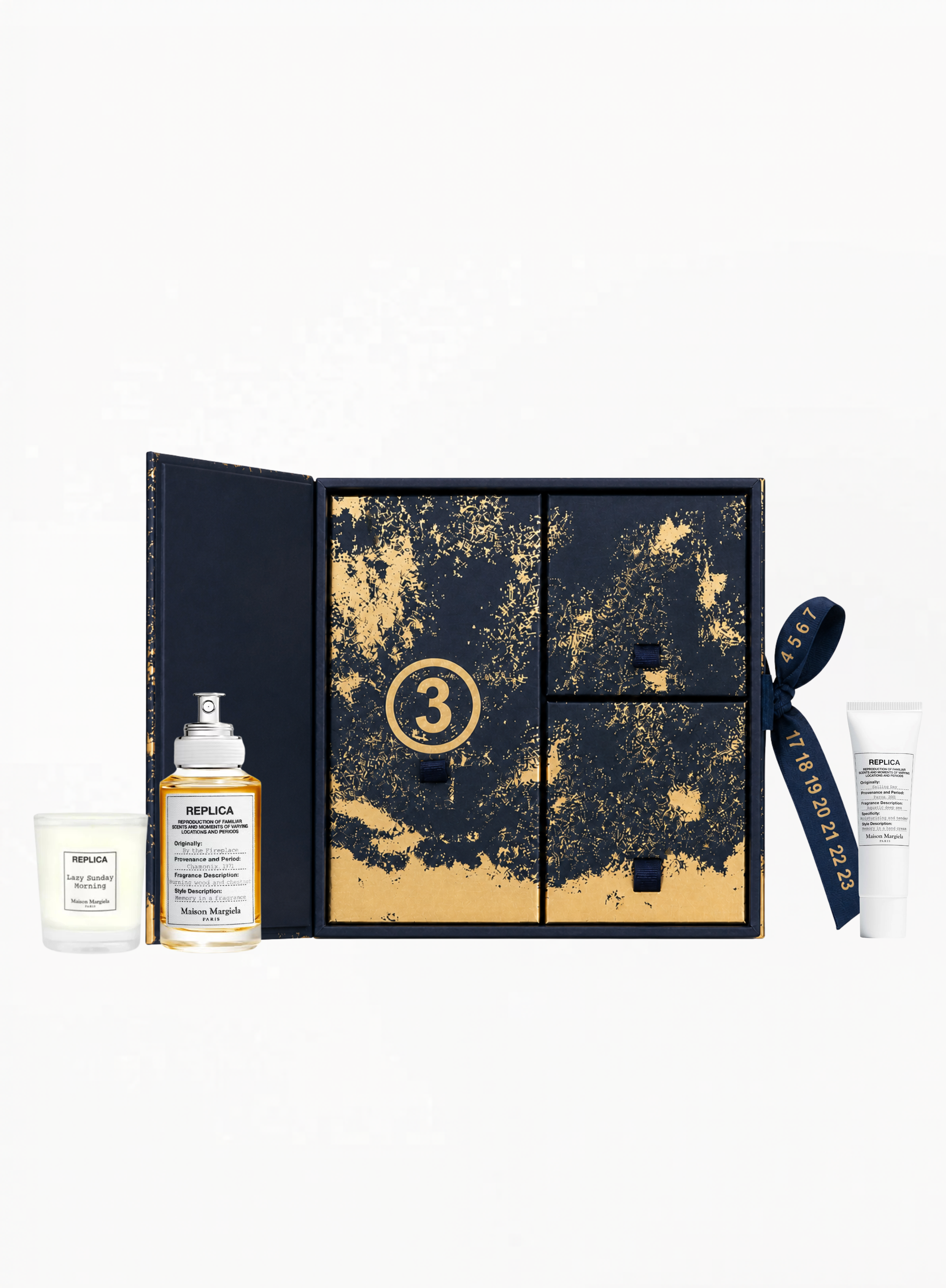 Maison Margiela Replica By The Fireplace gift set with Eau de Toilette 30ML, scented candle 35G and hand cream 15ML, curated by Exquisite.