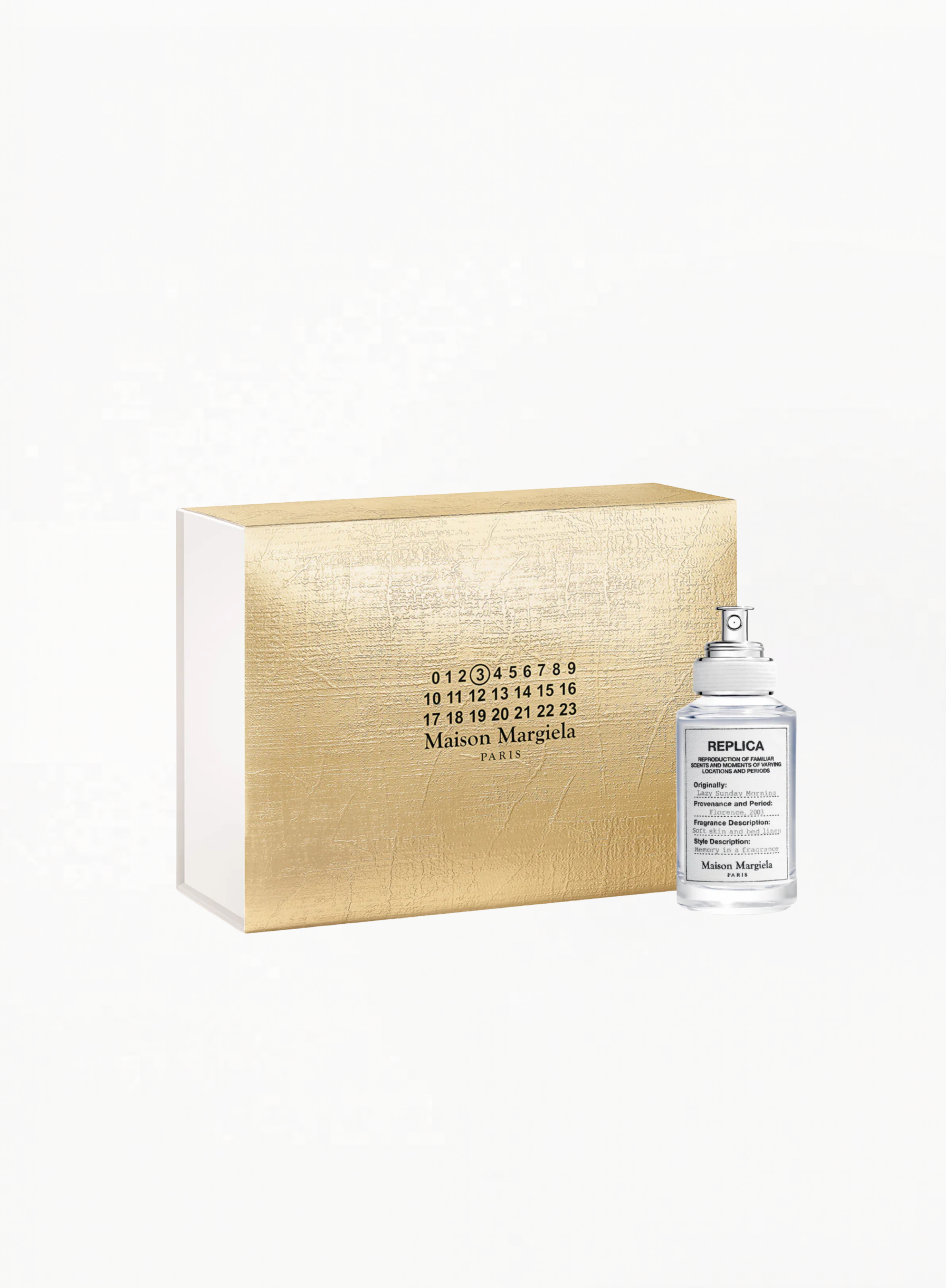 Maison Margiela Replica Lazy Sunday Morning Eau de Toilette 30ML in rare gold box, authentic luxury fragrance available at Exquisite.