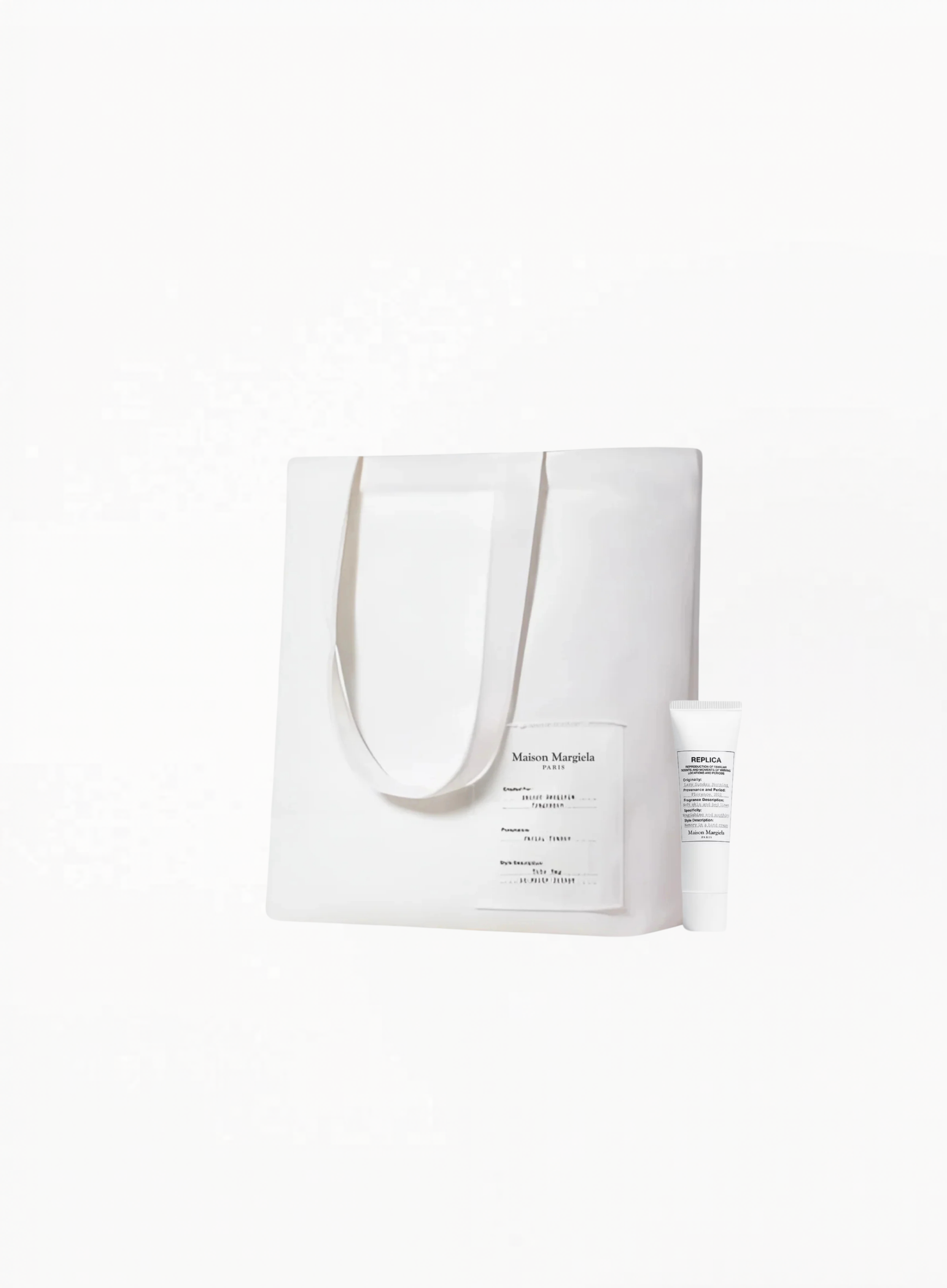 Maison Margiela White Tote Bag 40.5×31.5cm with complimentary Hand Lotion 15ML, authentic luxury accessory and body care set available at Exquisite.