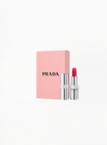 PRADA Lipstick P157 with Limited Edition Pink Gift Box, authentic Prada Beauty lipstick set featuring silver metallic case and luxury collector packaging at Exquisite.
