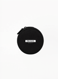 PRADA black cushion bag with soft padded texture and minimalist silhouette on white background.