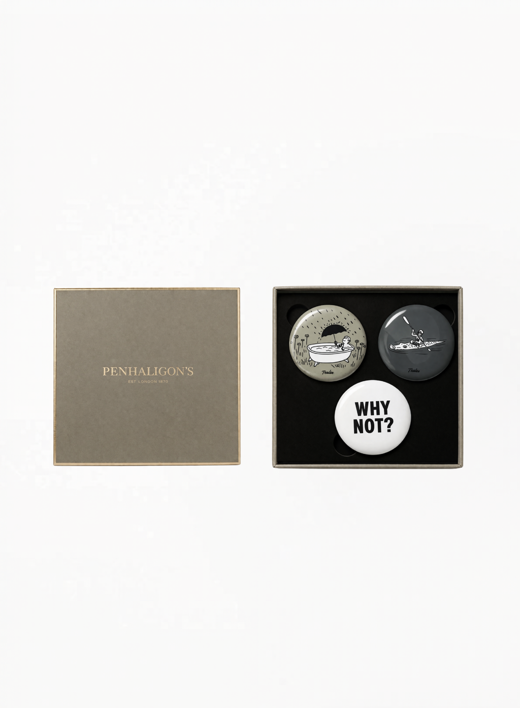 Penhaligon’s Be Bold Badge Set – Limited Edition featuring collectible branded badges in a playful luxury design, presented as an exclusive accessory piece by Exquisite.
