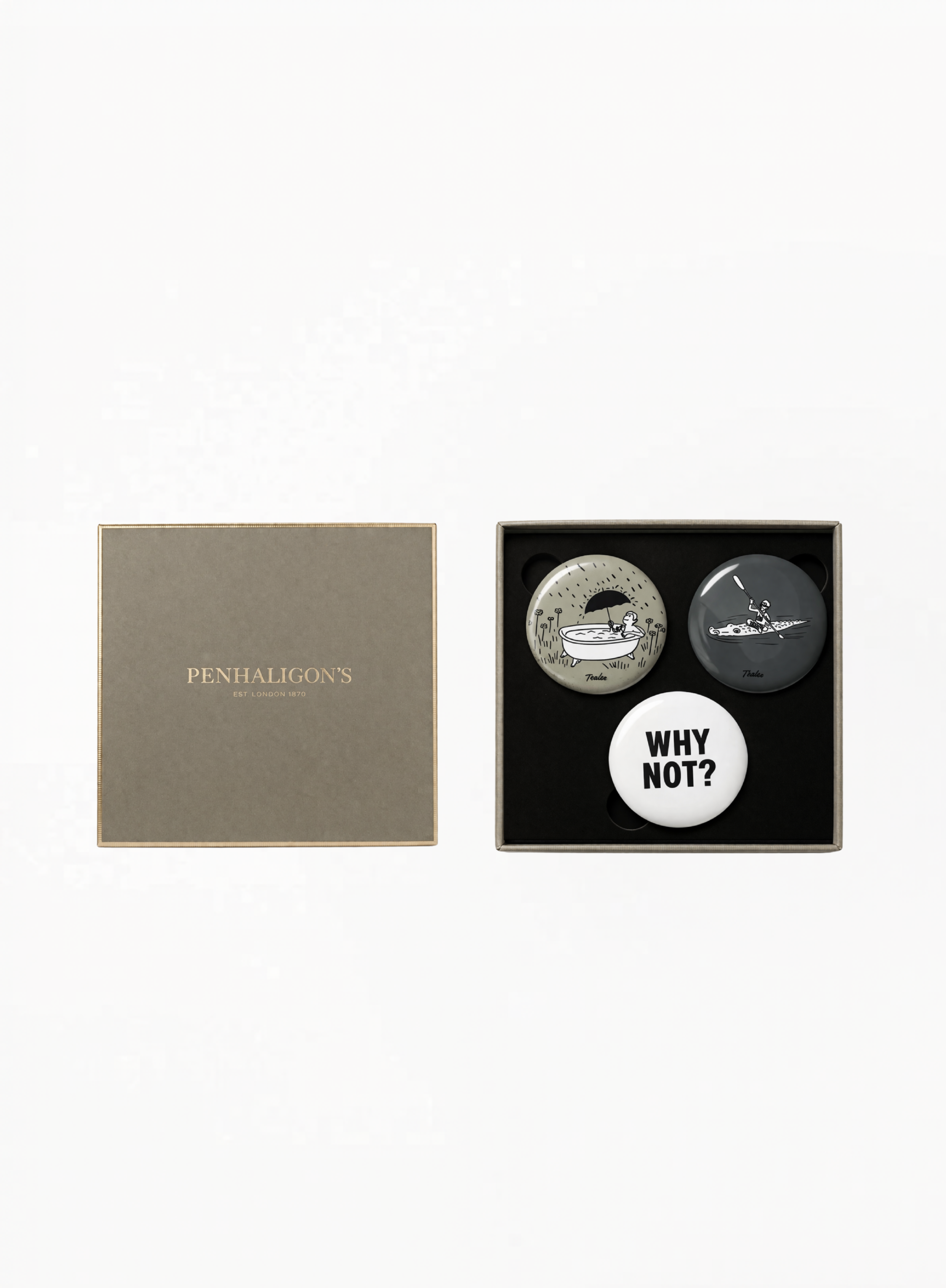 Penhaligon’s Be Bold Badge Set – Limited Edition featuring collectible branded badges in a playful luxury design, presented as an exclusive accessory piece by Exquisite.